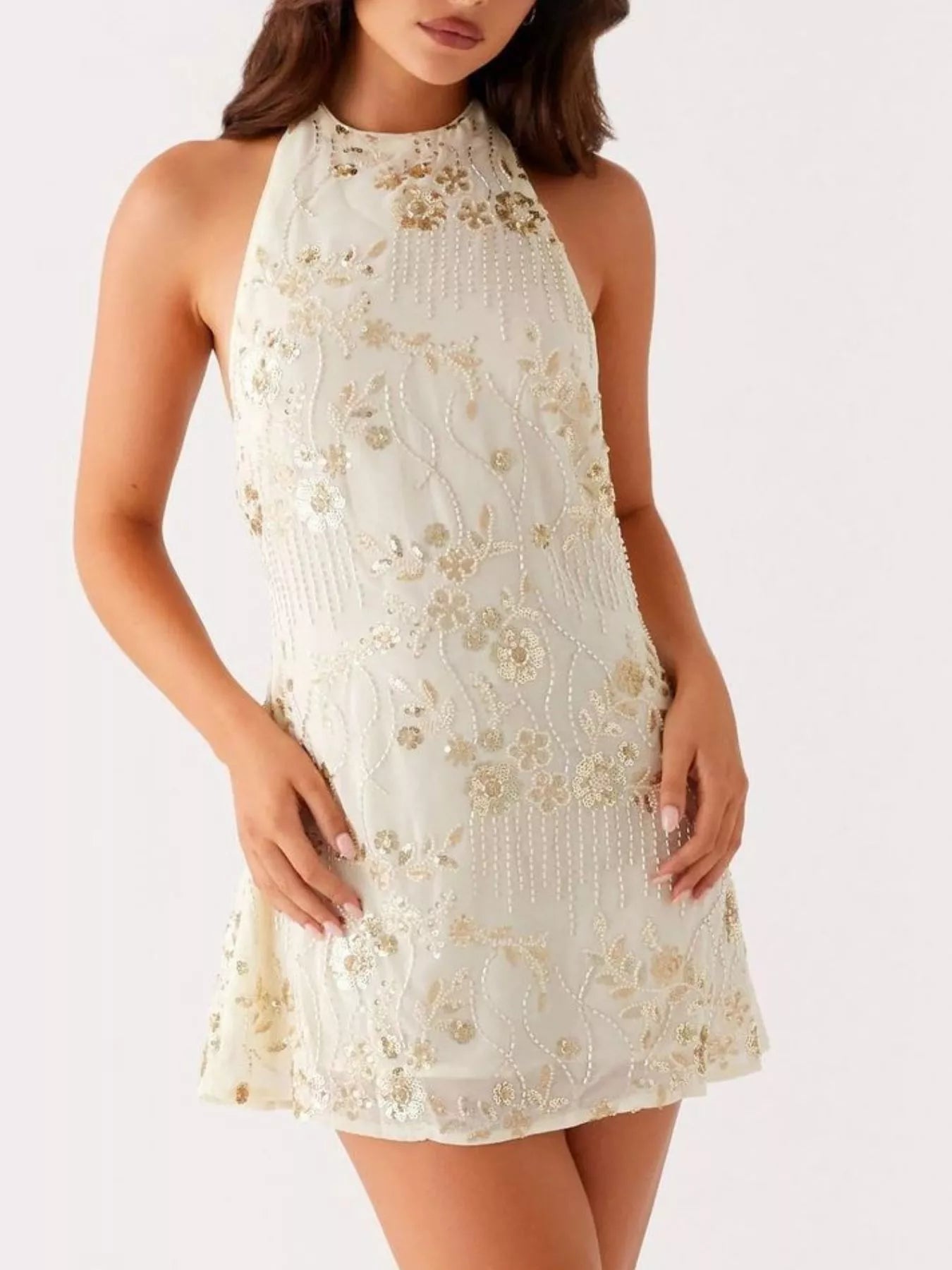 Backless Embroidered Halter Neck Mini Dress - Be Bliss Boutique