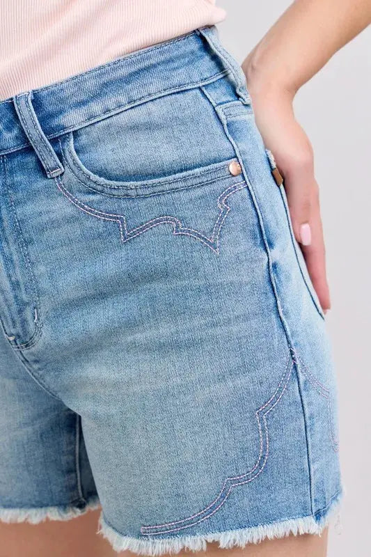 Judy Blue Full Size/Plus Size High Waist Western Embroidery Detail Cut Off Denim Shorts | Be Bliss Boutique