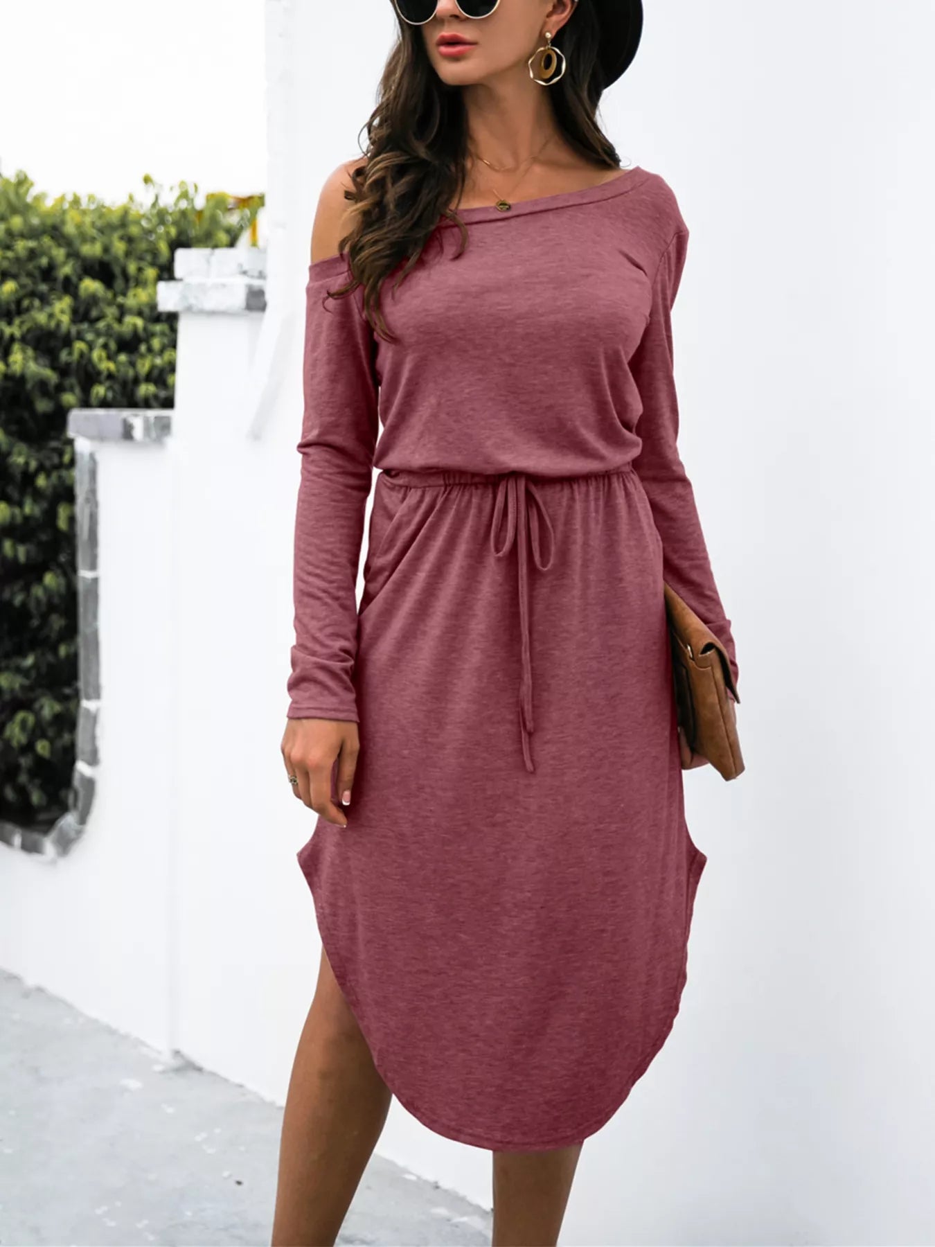 One-Shoulder Long Sleeve Midi Dress with Drawstring Waist - Be Bliss Boutique