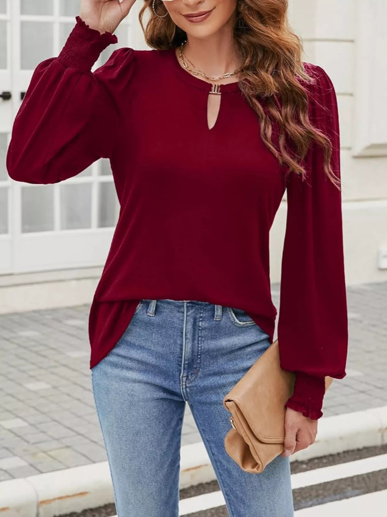 Long Sleeve Keyhole Neck Blouse - Be Bliss Boutique