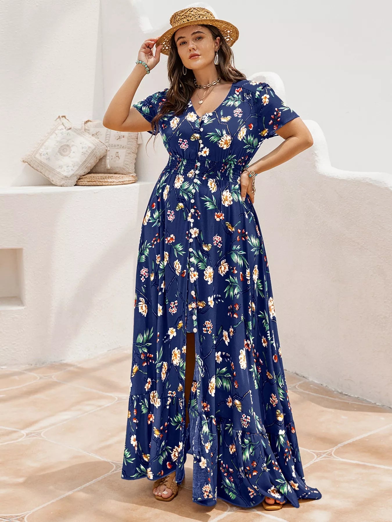 Plus Size Floral V-Neck Short Sleeve Maxi Dress - Be Bliss Boutique
