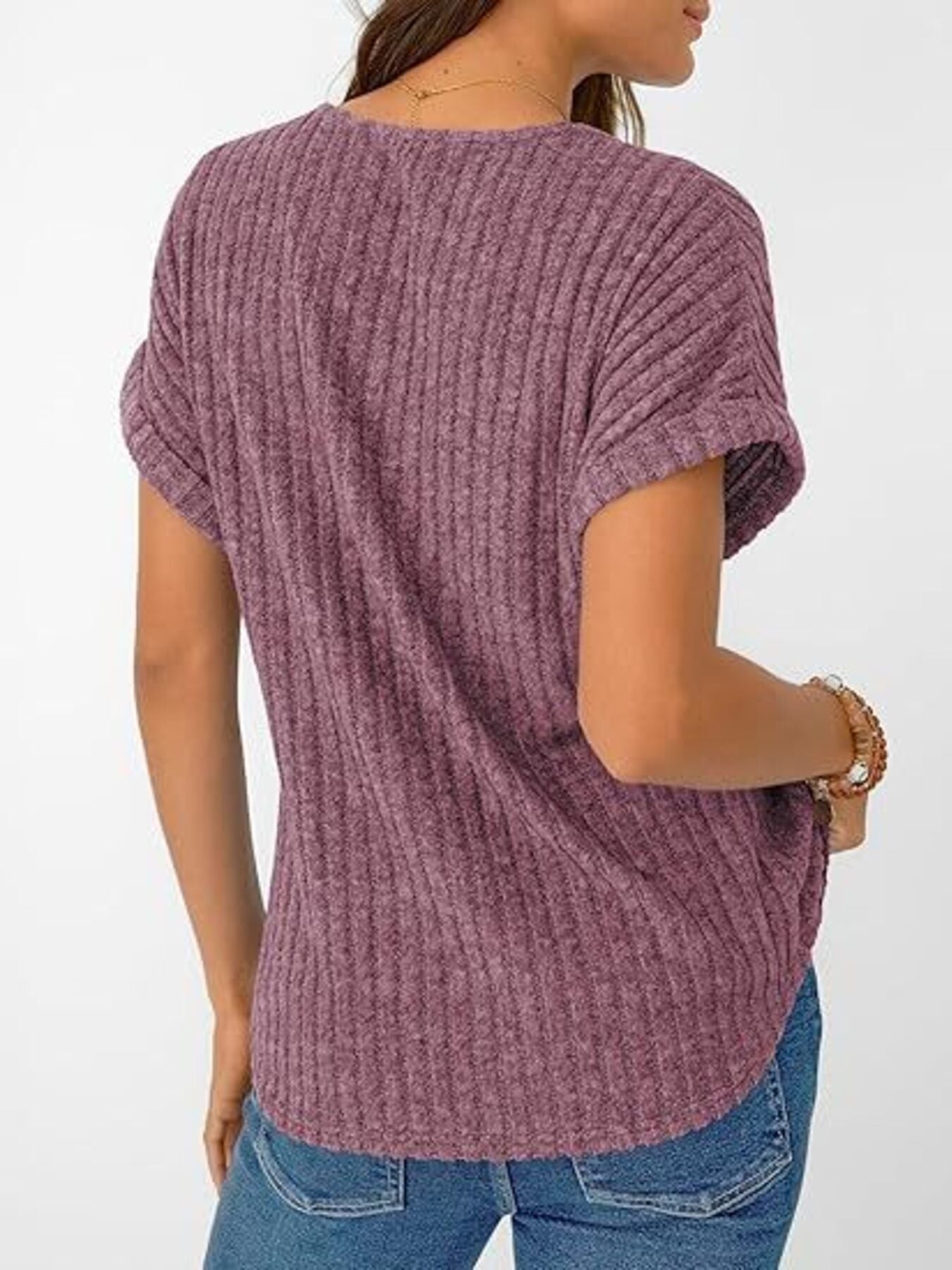 Ribbed Knit V Neck Relaxed Fit T Shirt - Be Bliss Boutique