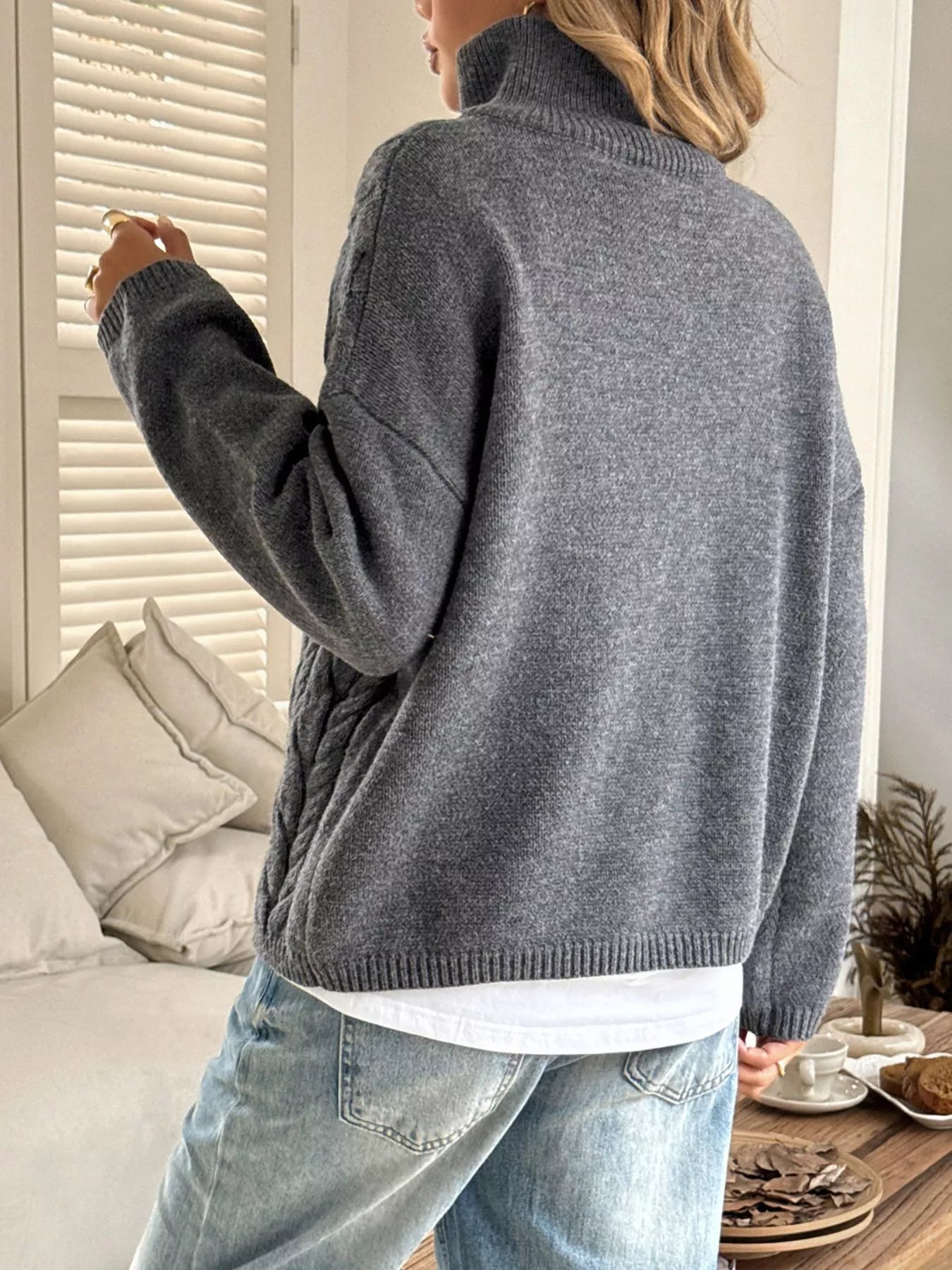 Zip Collar Cable-Knit Sweater -  Be Bliss Boutique