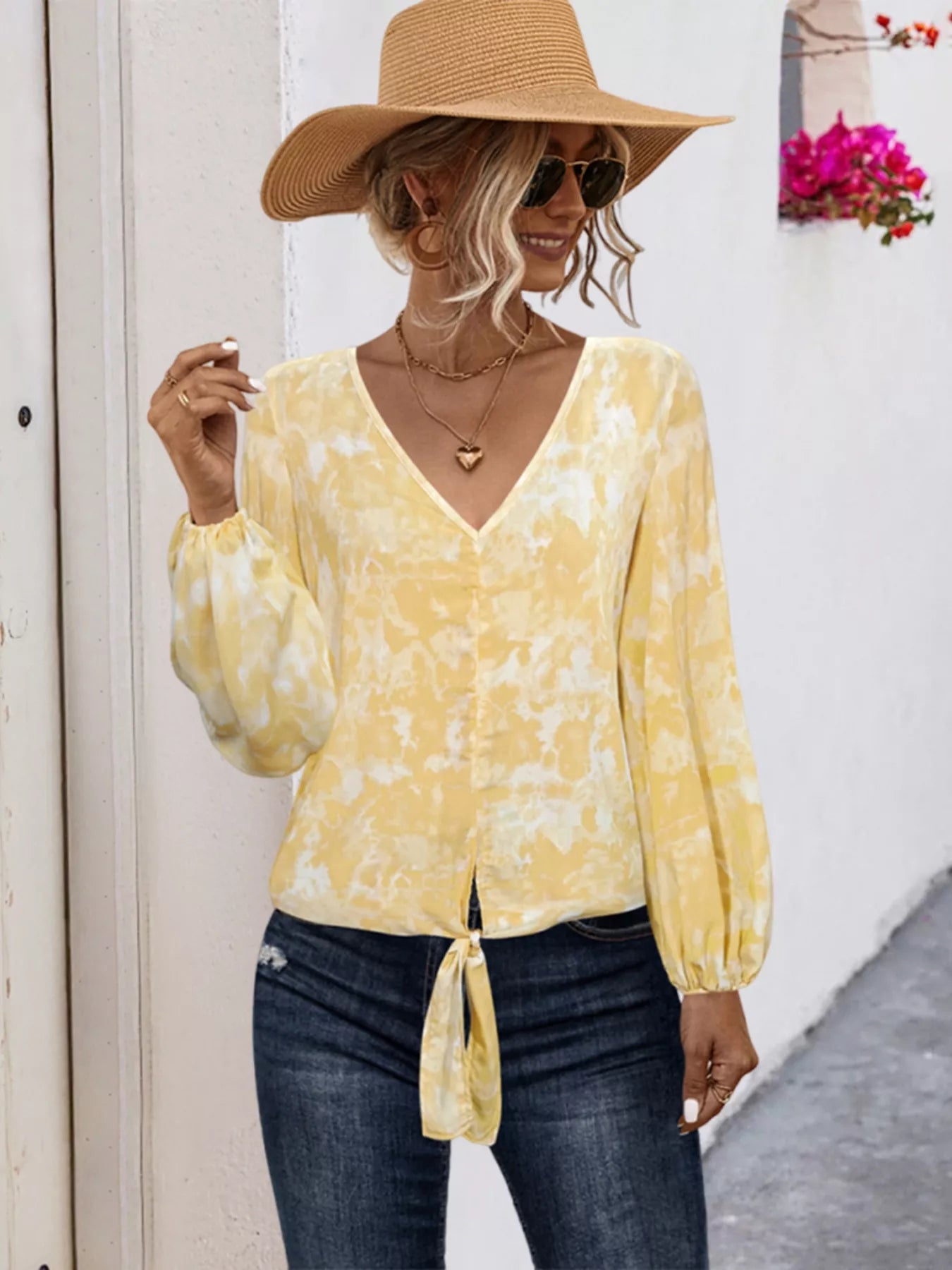 V-Neck Long Sleeve Tie-Front Blouse - Be Bliss Boutique