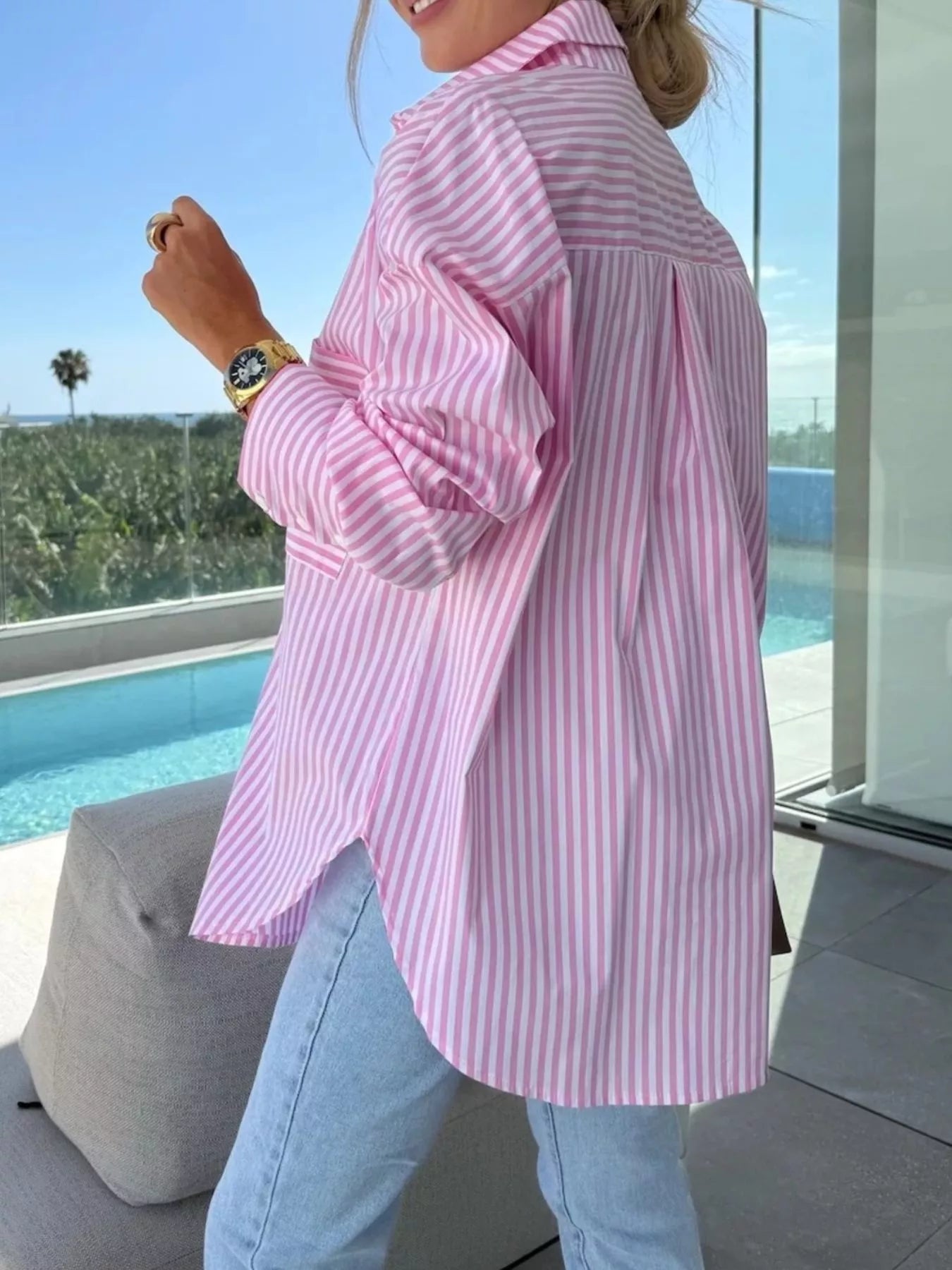 Striped Oversized Button-Down Shirt -  Be Bliss Boutique