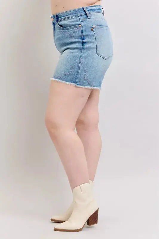 Judy Blue Full Size/Plus Size High Waist Western Embroidery Detail Cut Off Denim Shorts | Be Bliss Boutique