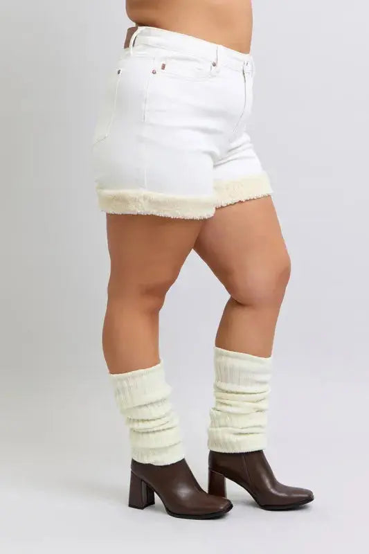 Judy Blue Full Size/Plus Size High Waist Shearling Cuff Denim Shorts | Be Bliss Boutique