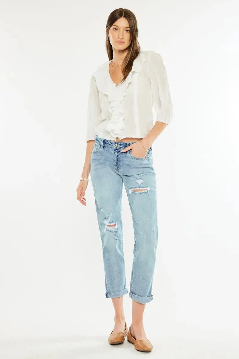 Kancan Mid Rise Distressed Boyfriend Fit Jeans | Be Bliss Boutique