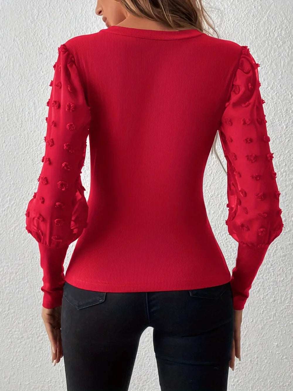 Swiss Dot V-Neck Long Sleeve Top - Be Bliss Boutique
