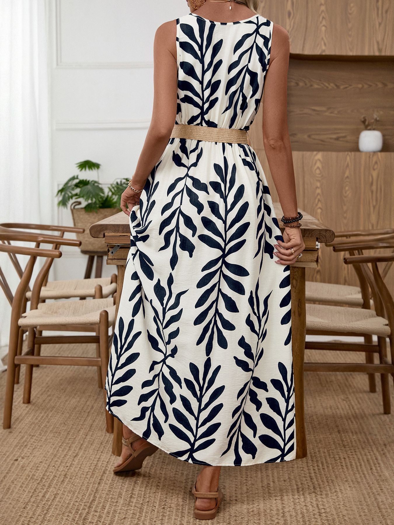 Leaf Print Sleeveless Maxi Dress - Be Bliss Boutique