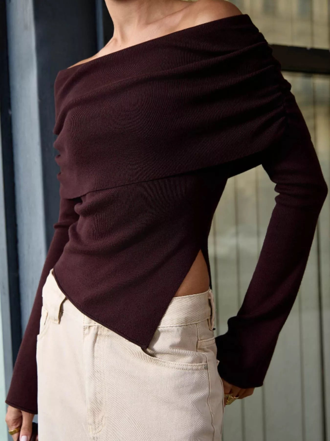 Asymmetrical Hem Off-Shoulder Long Sleeve Knit Top - Be Bliss Boutique