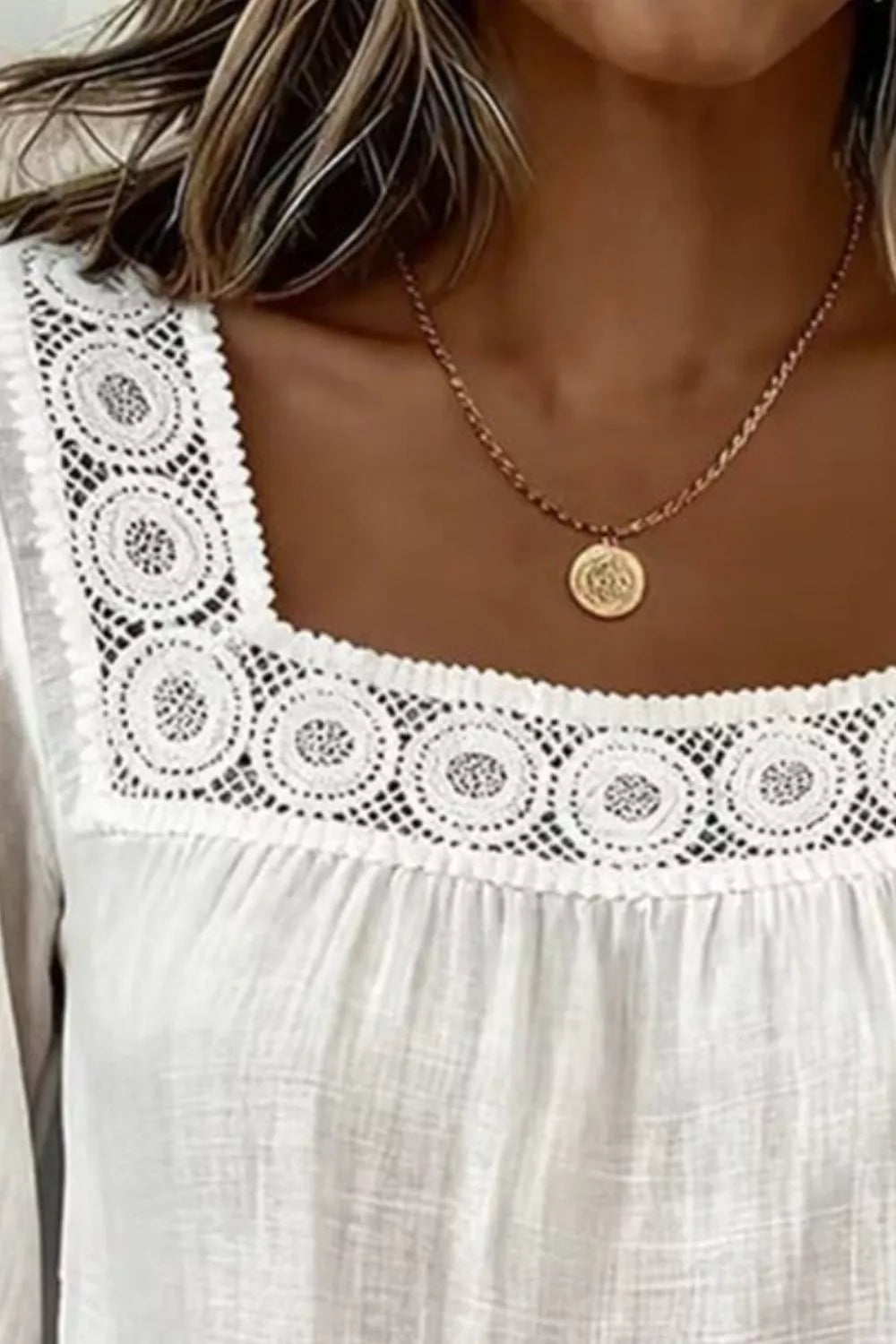 Crochet Trim Square Neck Blouse - Be Bliss Boutique