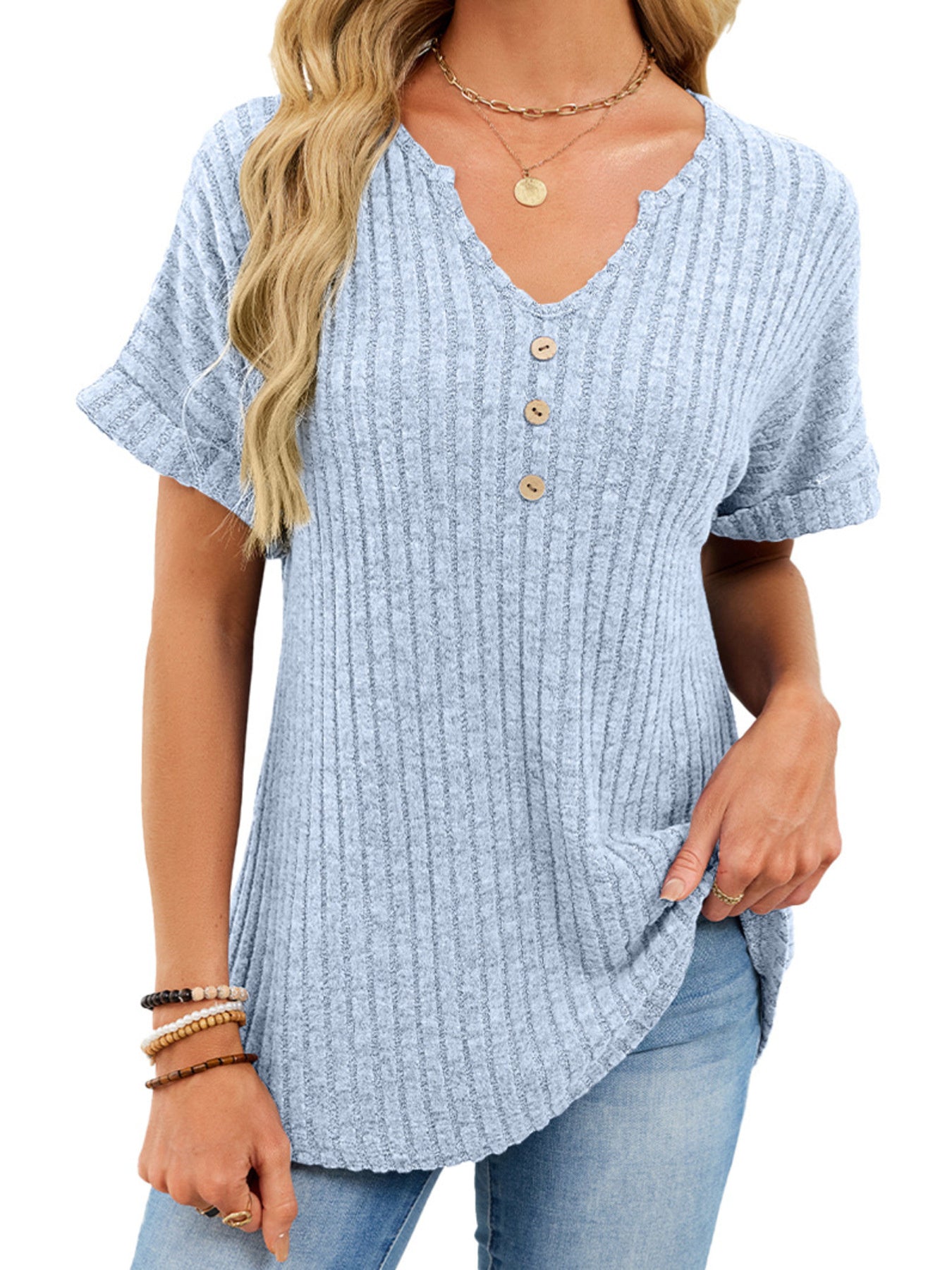 Women's Ribbed Knit Button V Neck Short Sleeve T Shirt - Be Bliss Boutique