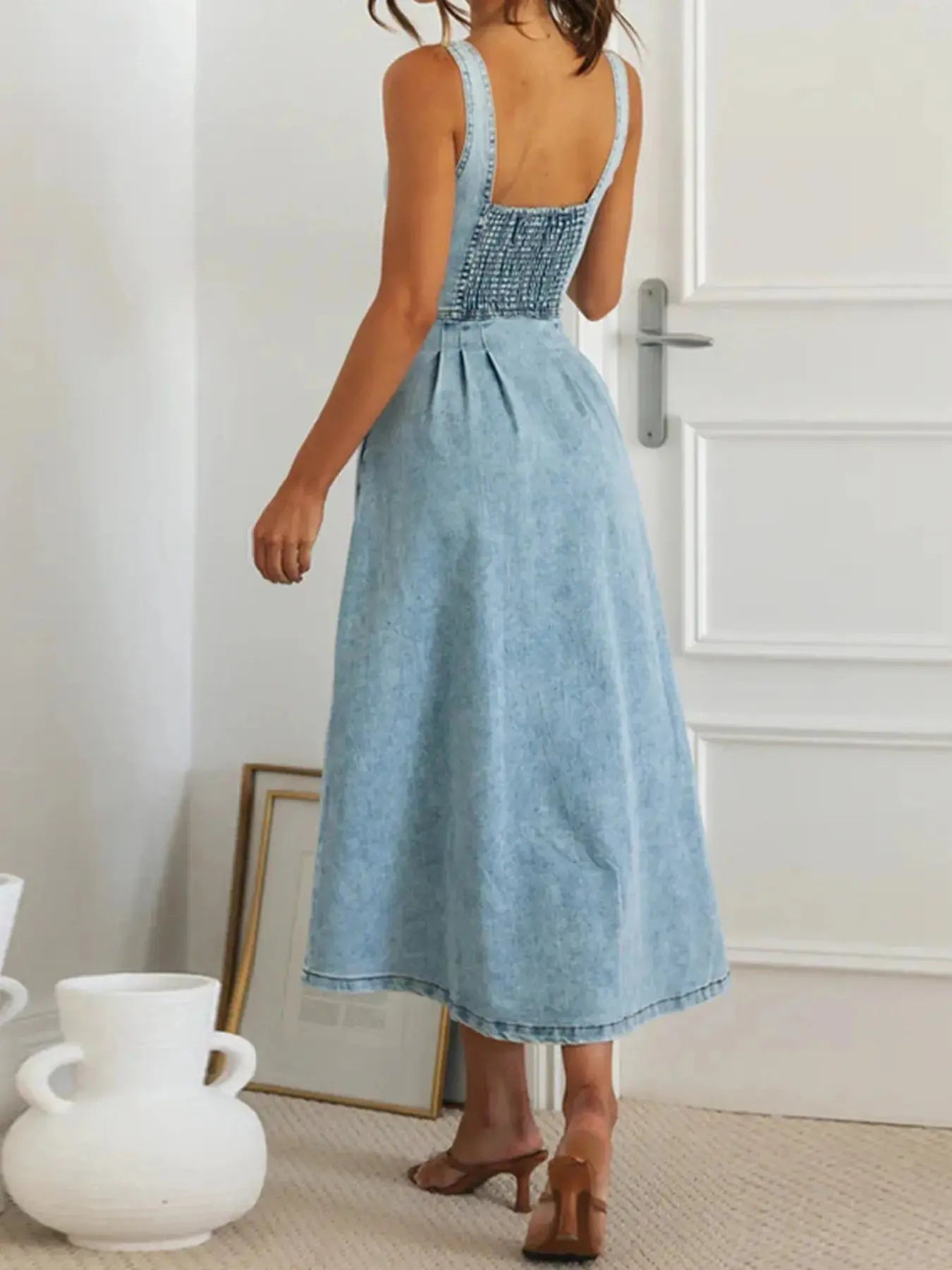 Sweetheart Neck Button-Front Midi Denim Dress |  Be Bliss Boutique
