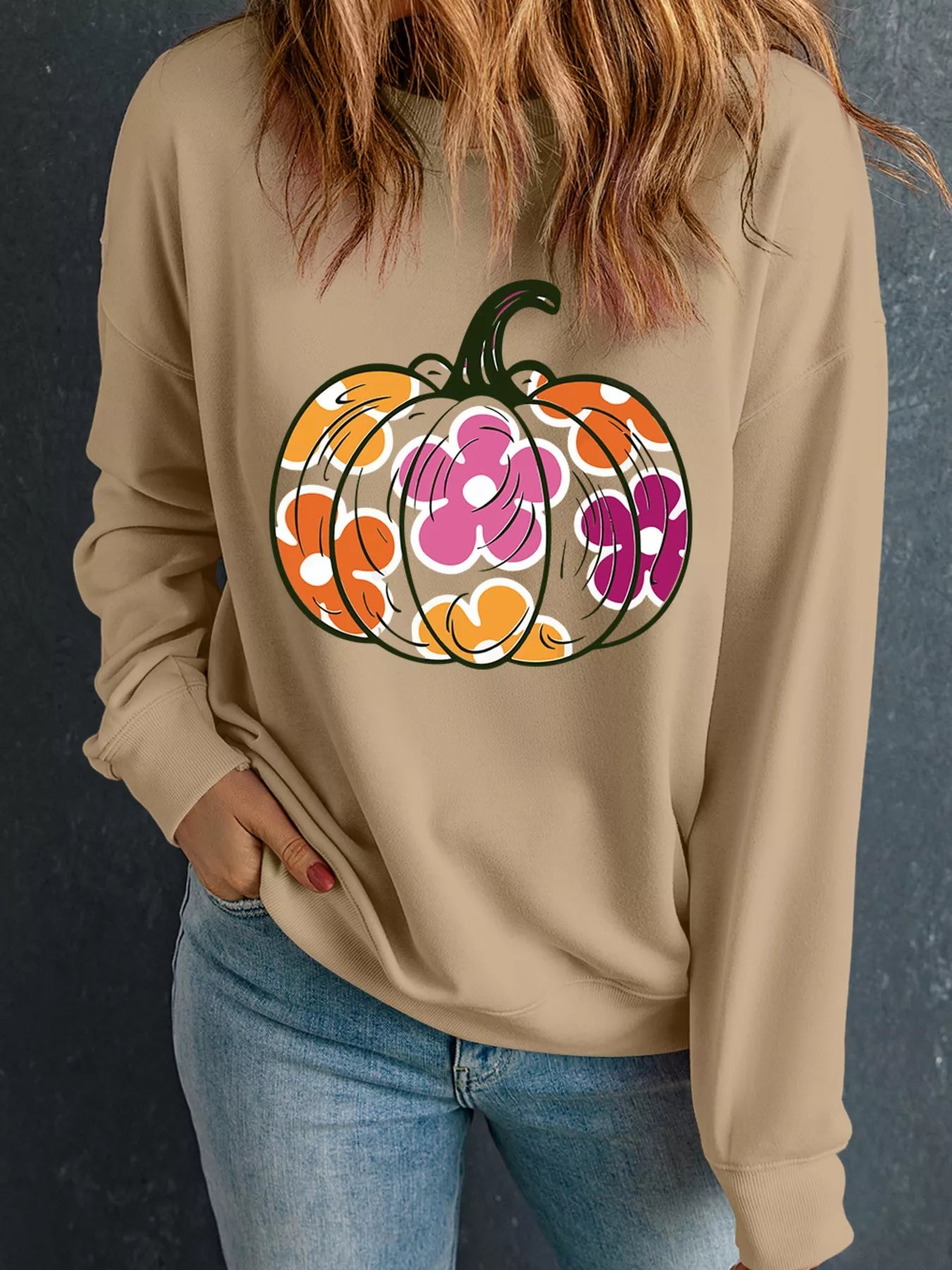 Halloween Floral Pumpkin Graphic Drop Shoulder Sweatshirt -  Be Bliss Boutique