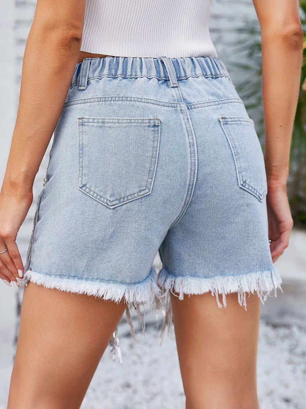 Distressed Pearl Trim Denim Shorts with Pockets - Be Bliss Boutique