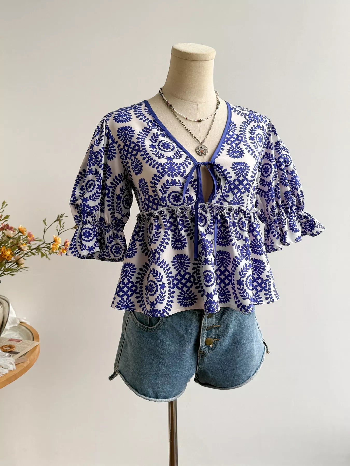Navy Floral Tie Front Blouse - Be Bliss Boutique
