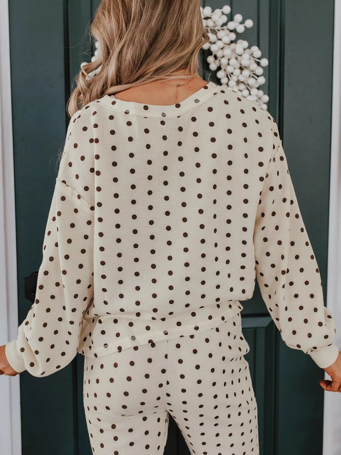 Polka Dot Notched Long Sleeve Top and Drawstring Joggers Lounge Set - Be Bliss Boutique