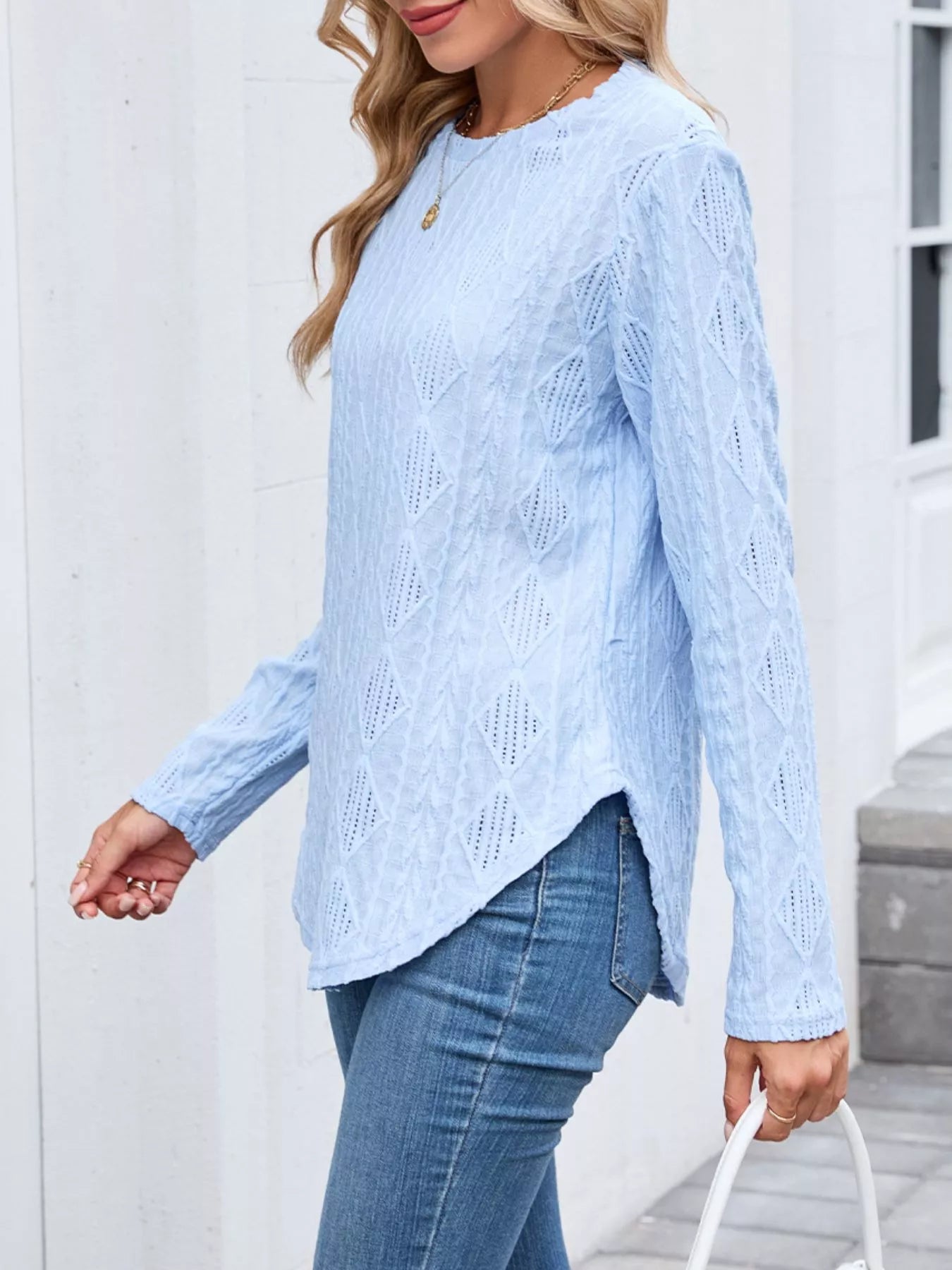Openwork Textured Long Sleeve Top - Be Bliss Boutique