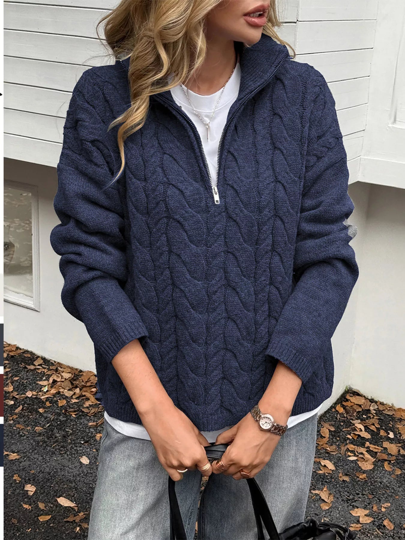 Zip Collar Cable-Knit Sweater -  Be Bliss Boutique
