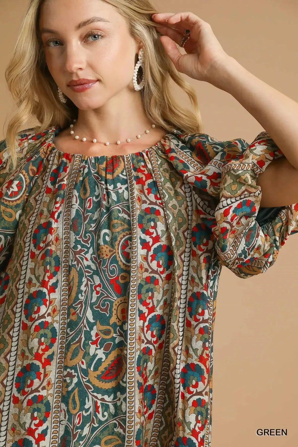 Umgee Boho Floral Stripe Puff Sleeve Blouse -  Be Bliss Boutique