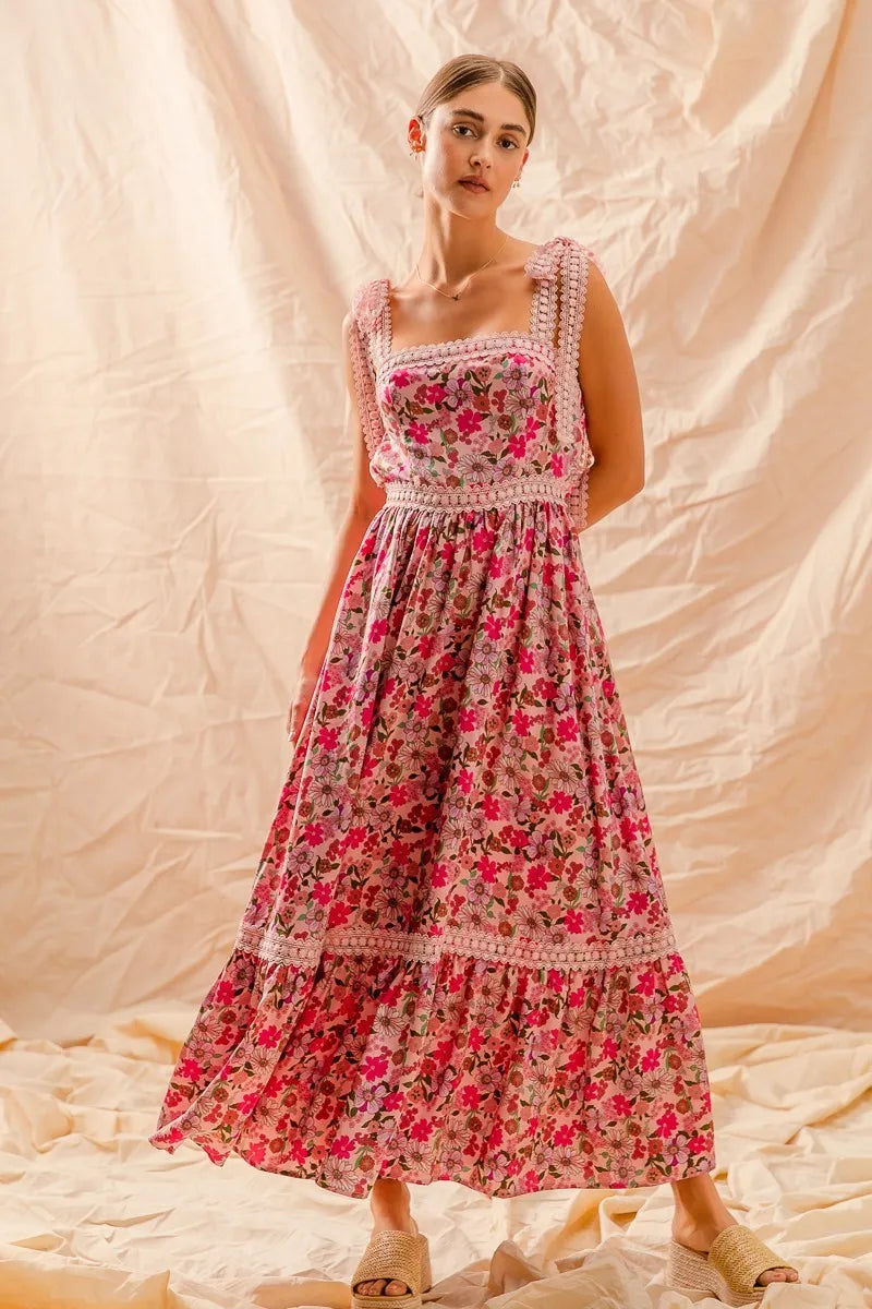 SO ME Floral Maxi Dress With Ribbon Tie Lace Strap -  Be Bliss Boutique