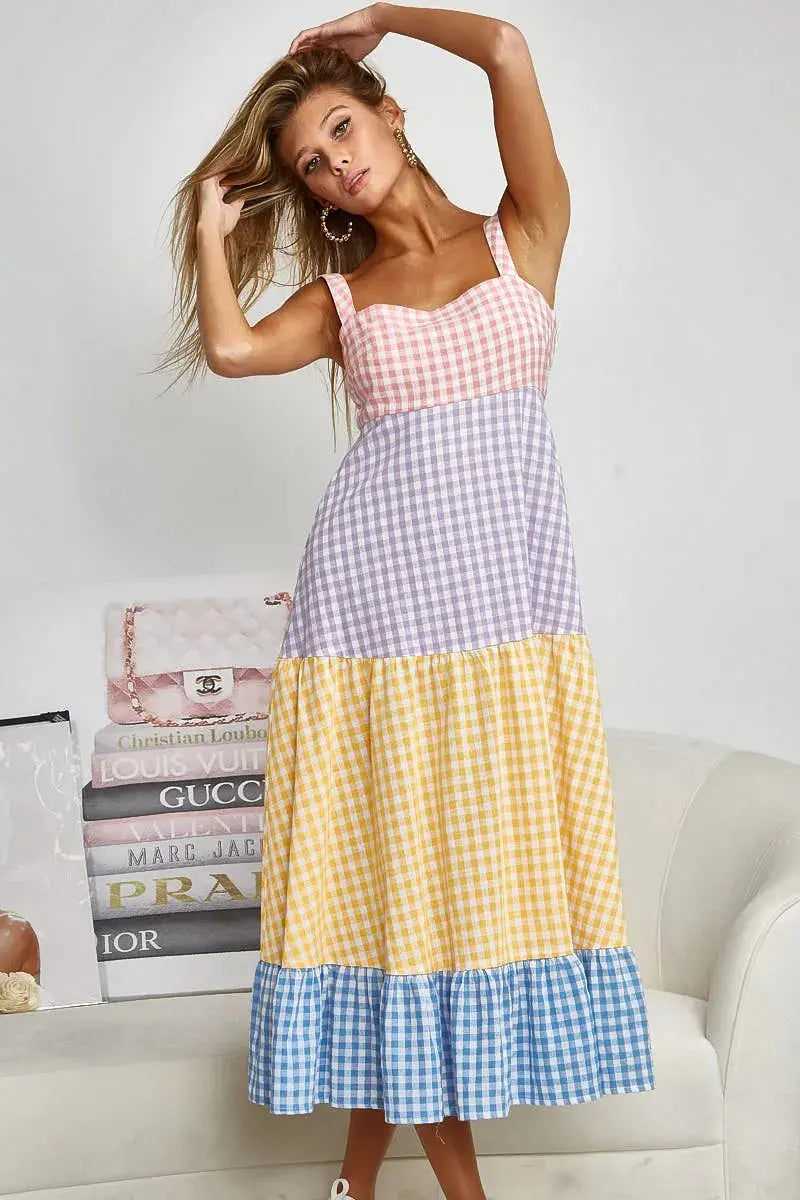 BiBi Color Block Tiered Gingham Dress | Be Bliss Boutique