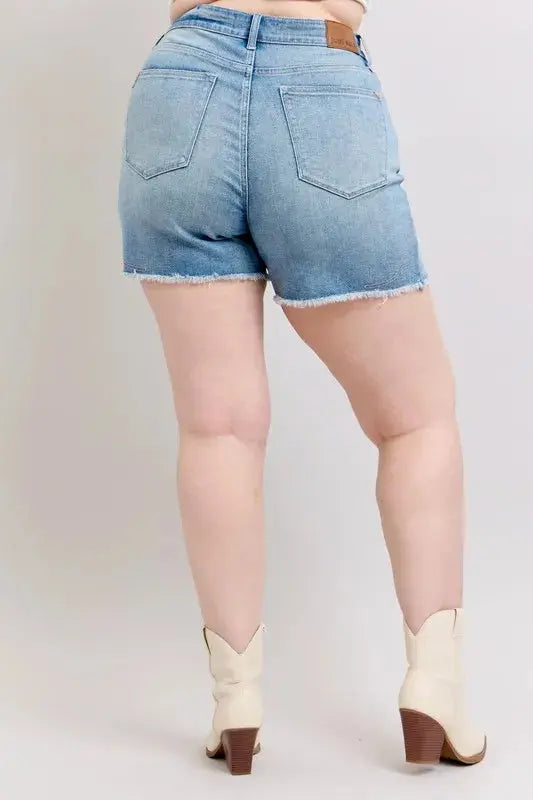 Judy Blue Full Size/Plus Size High Waist Western Embroidery Detail Cut Off Denim Shorts | Be Bliss Boutique