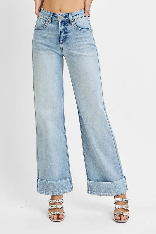 RISEN Full Size Tummy Control High Rise Ankle Wide Cuffed Jeans Plus Size -  Be Bliss Boutique