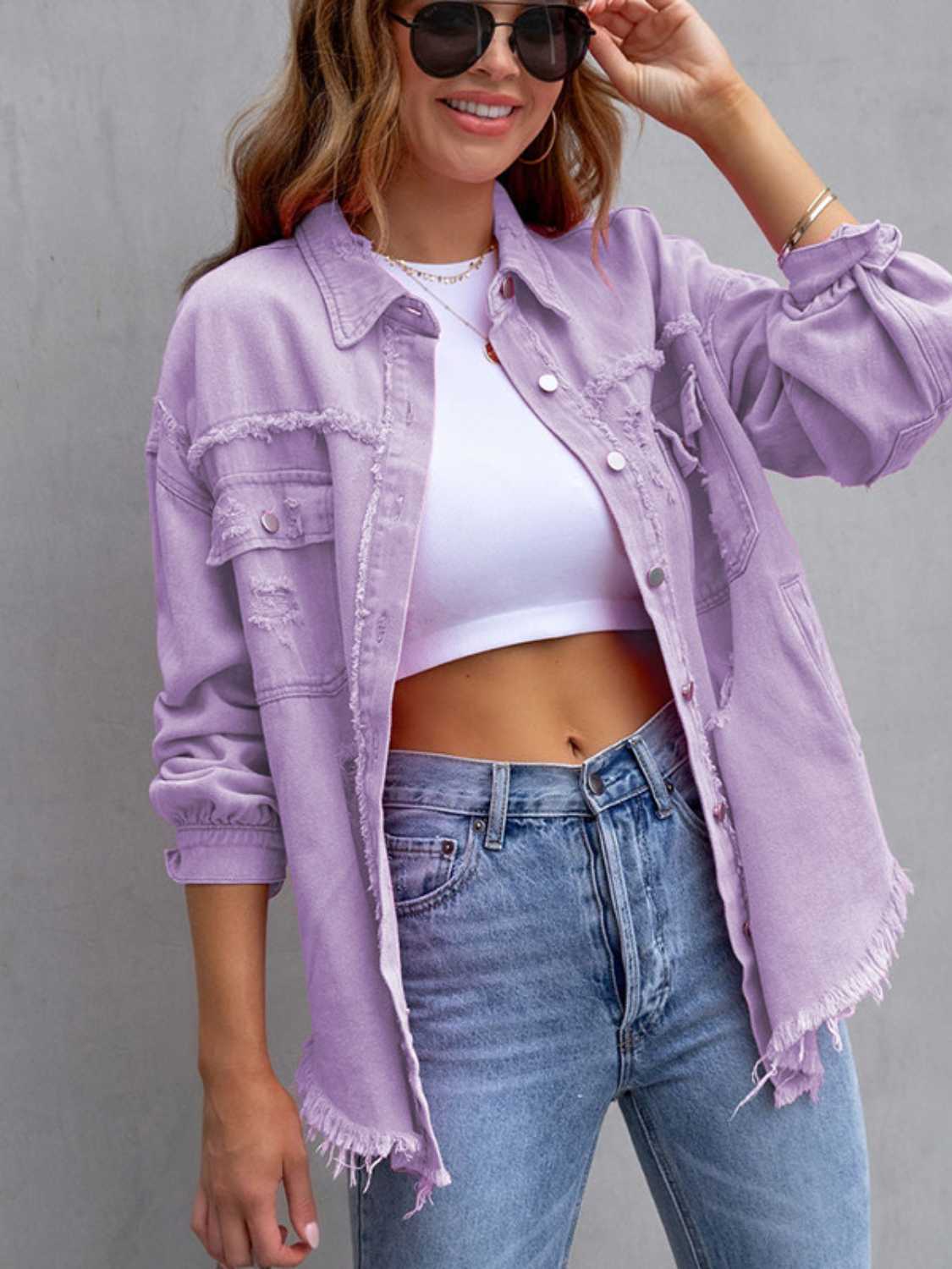 Distressed Drop Shoulder Denim Jacket - Be Bliss Boutique
