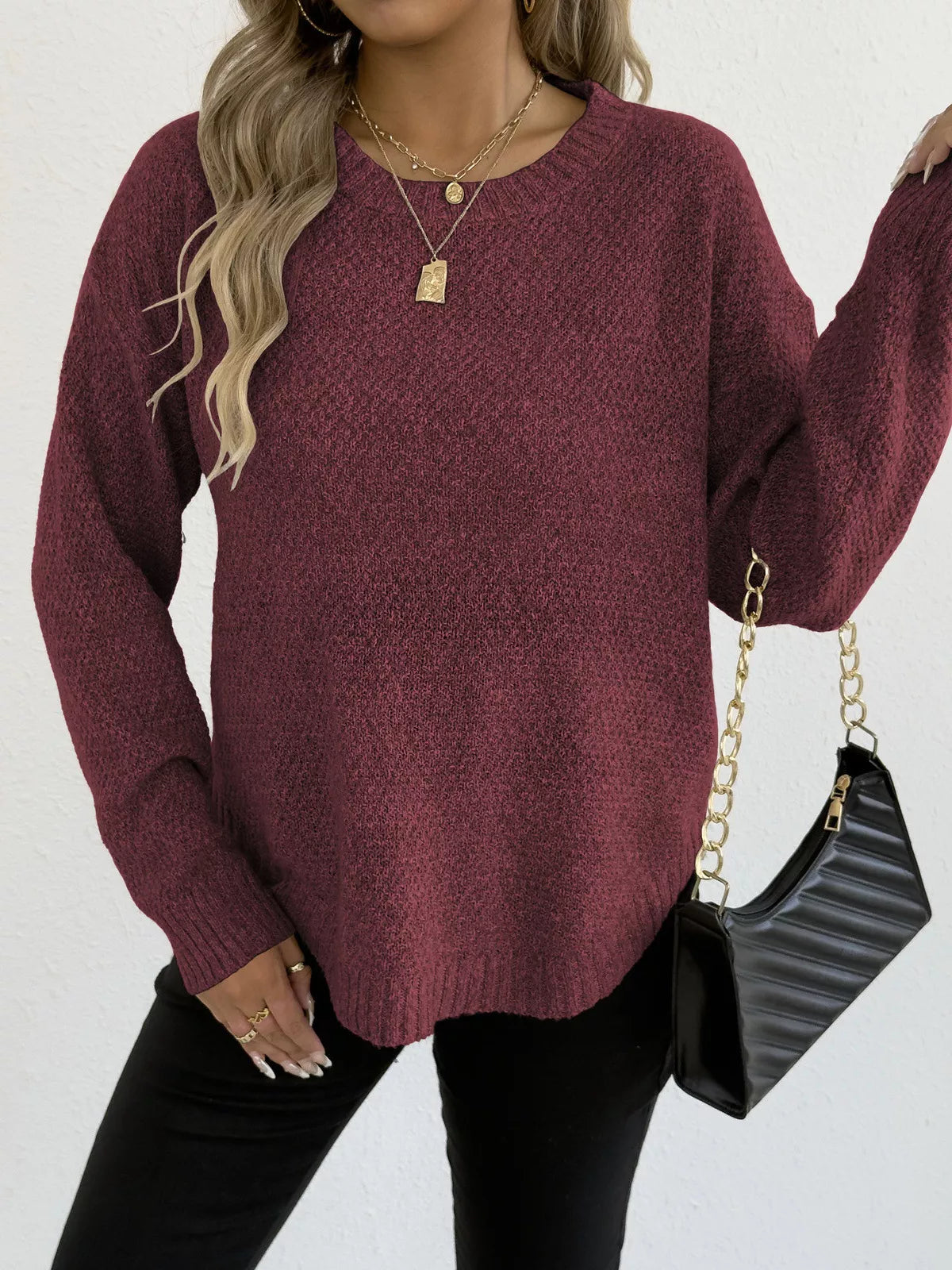 Textured Knit Relaxed Fit Round Neck Sweater - Be Bliss Boutique