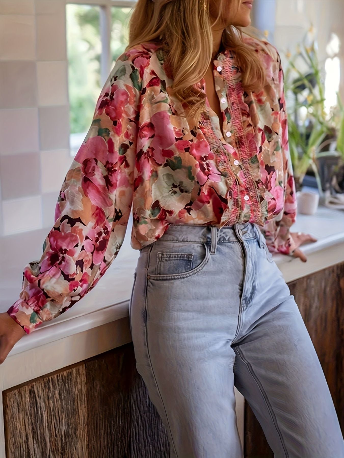 Women's Floral Print Frill Trim Shirt - Be Bliss Boutique