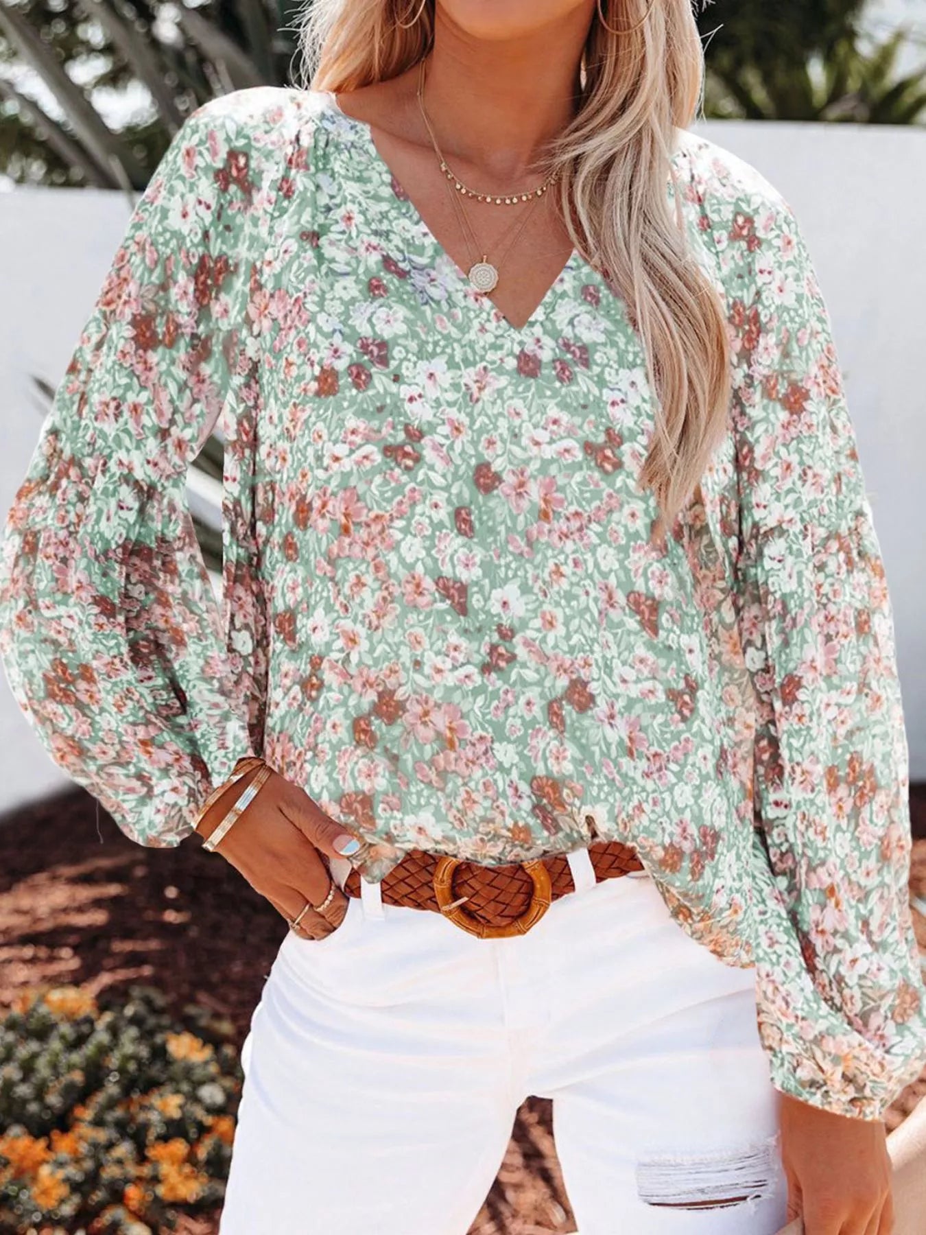 Full Size Floral Print V Neck Long Sleeve Blouse - Be Bliss Boutique