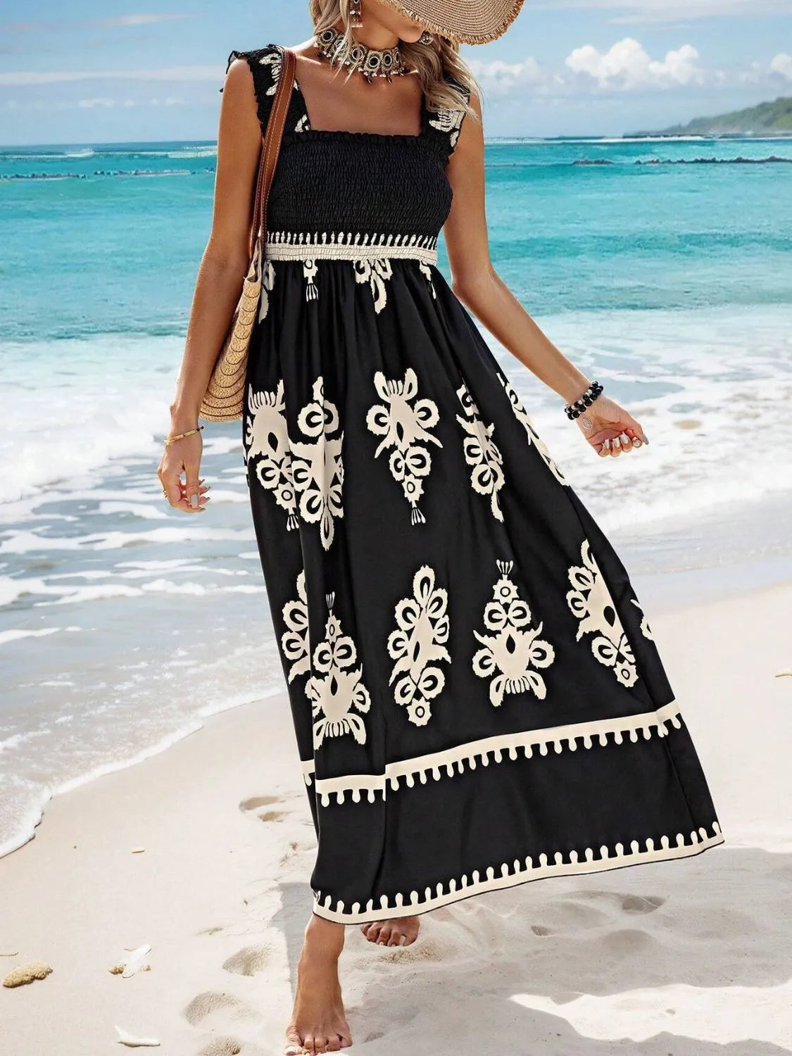 Smocked Printed Wide Strap Maxi Dress - Be Bliss Boutique