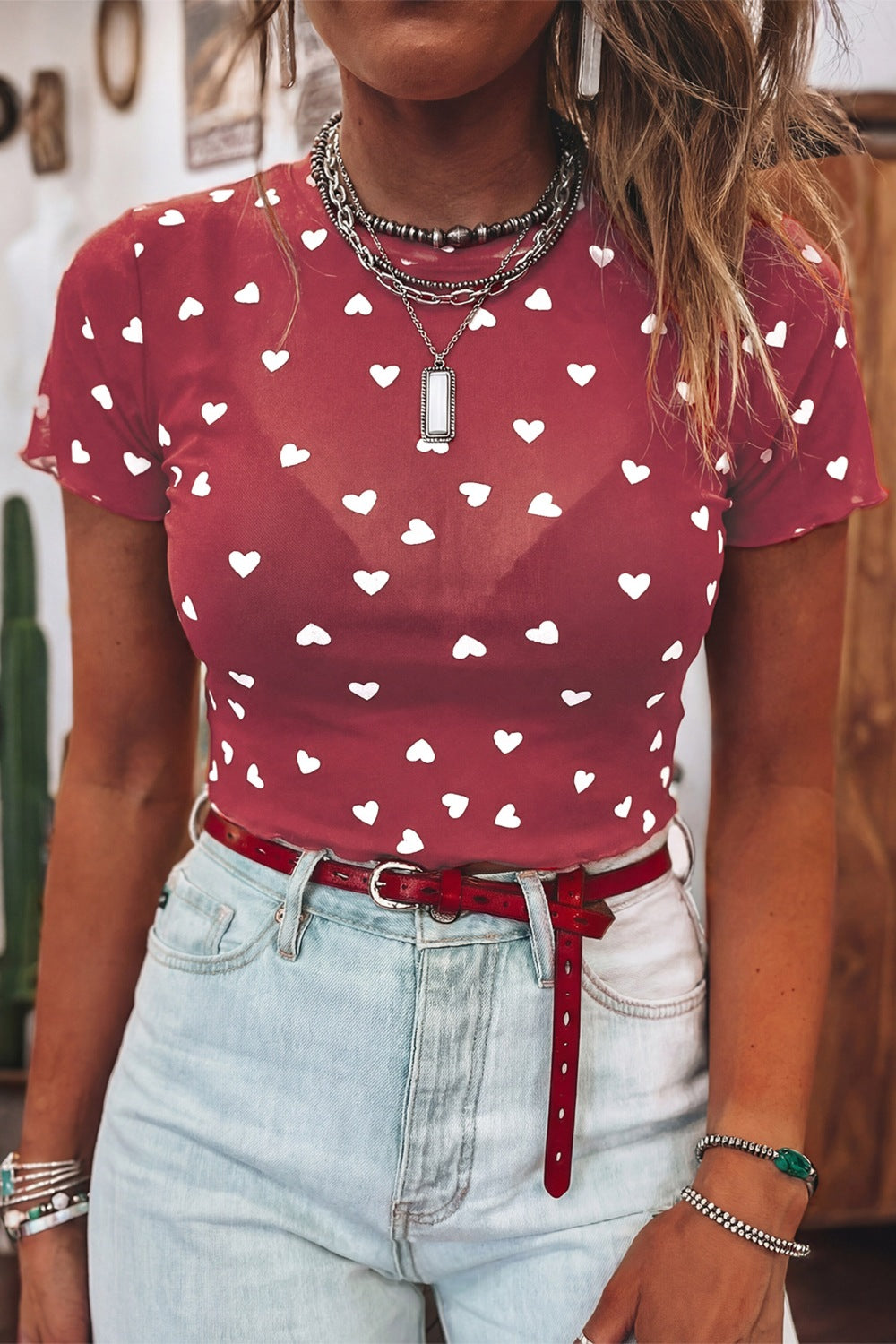 Women's Sheer Heart Print Fitted Mesh Blouse - Be Bliss Boutique