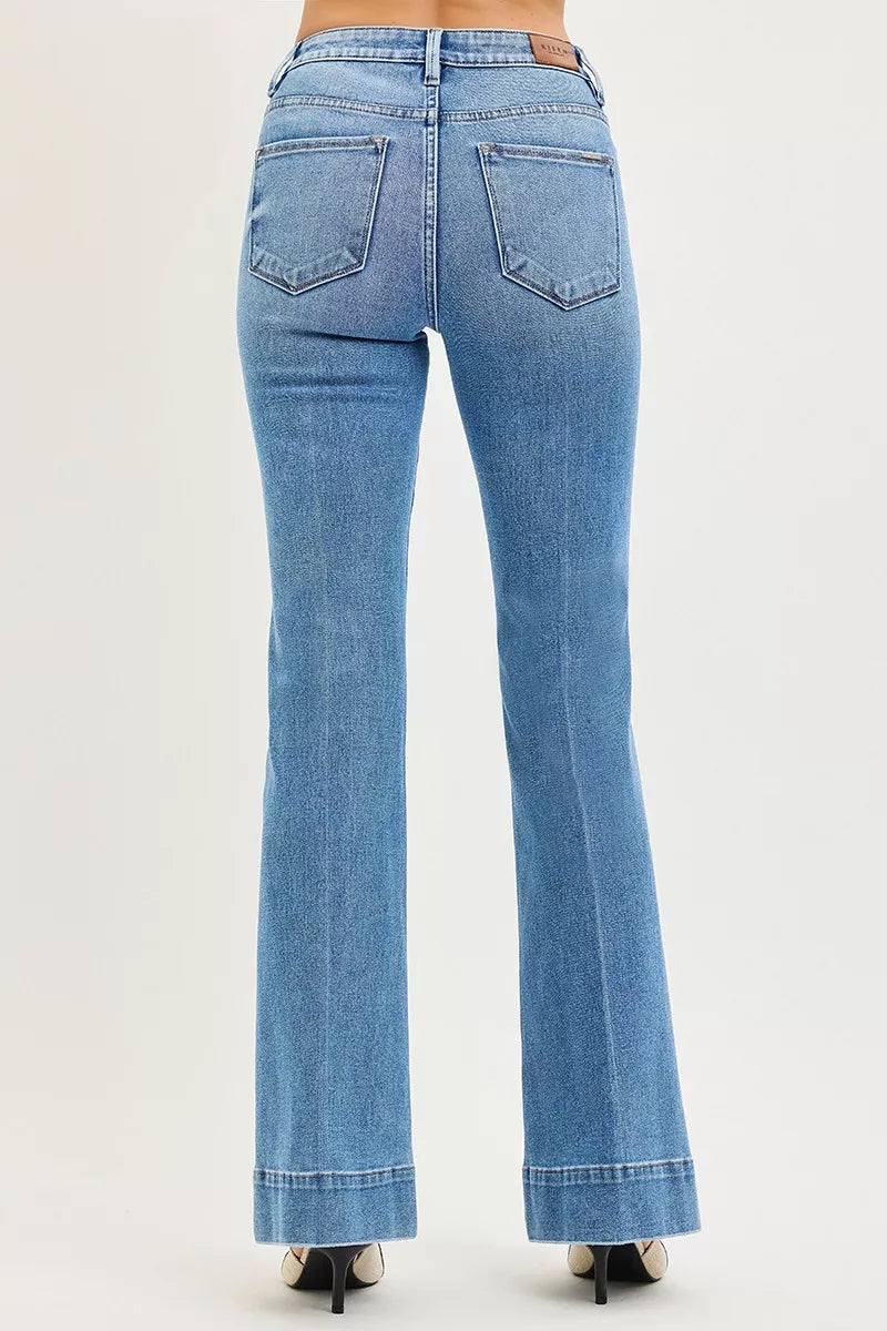 RISEN Jeans - Tummy Control 4 Way Stretch Mid Rise Flare Jeans - Be Bliss Boutique