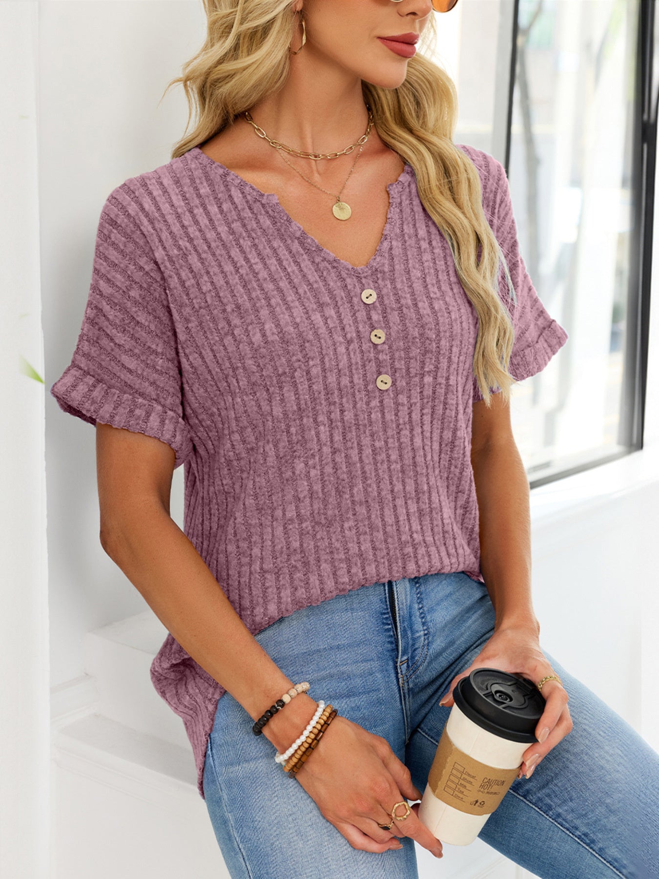 Women's Ribbed Knit Button V Neck Short Sleeve T Shirt - Be Bliss Boutique