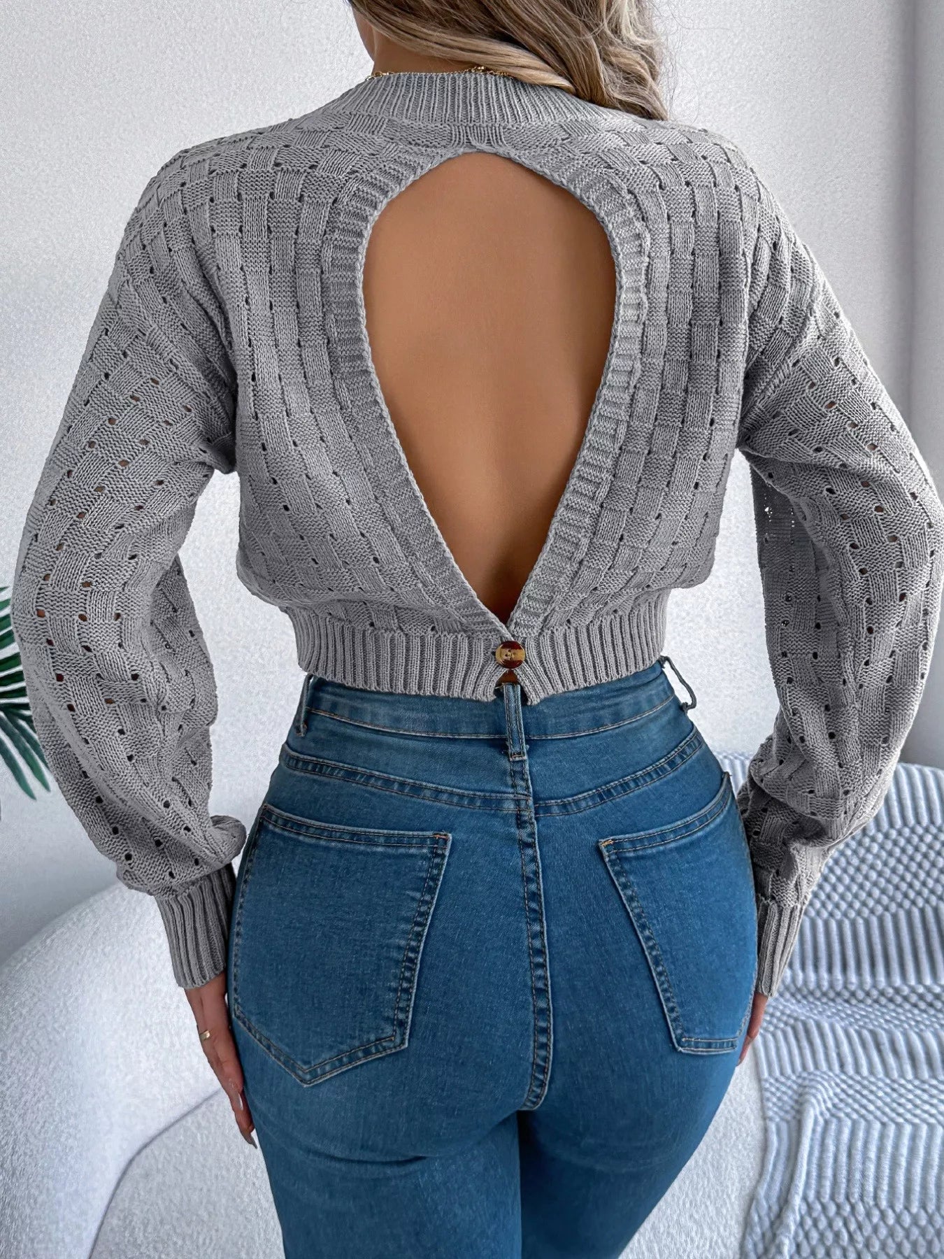 Cutout Back Openwork Round Neck Long Sleeve Sweater - Be Bliss Boutique