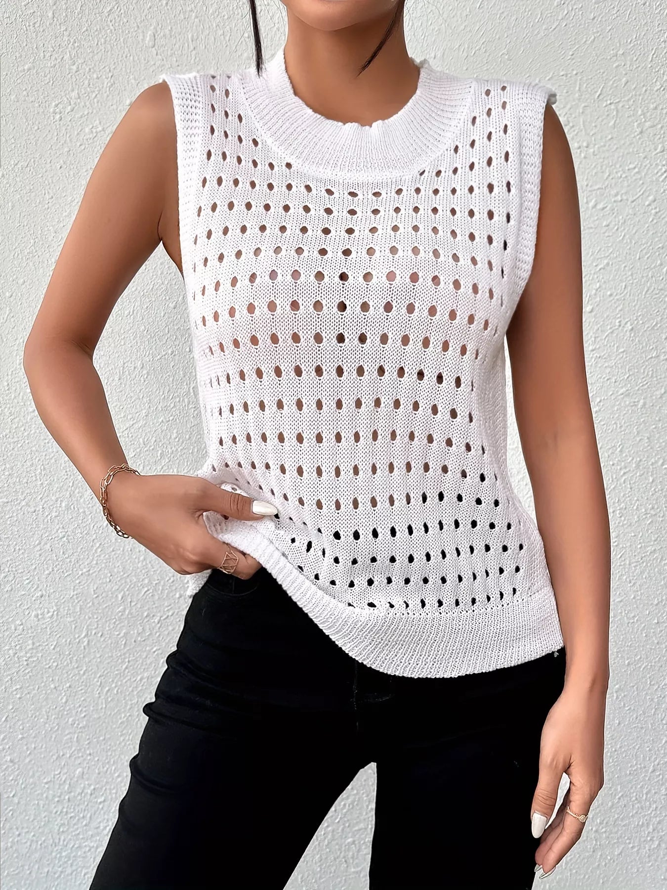 Hollow Out Round Neck Knit Tank -  Be Bliss Boutique