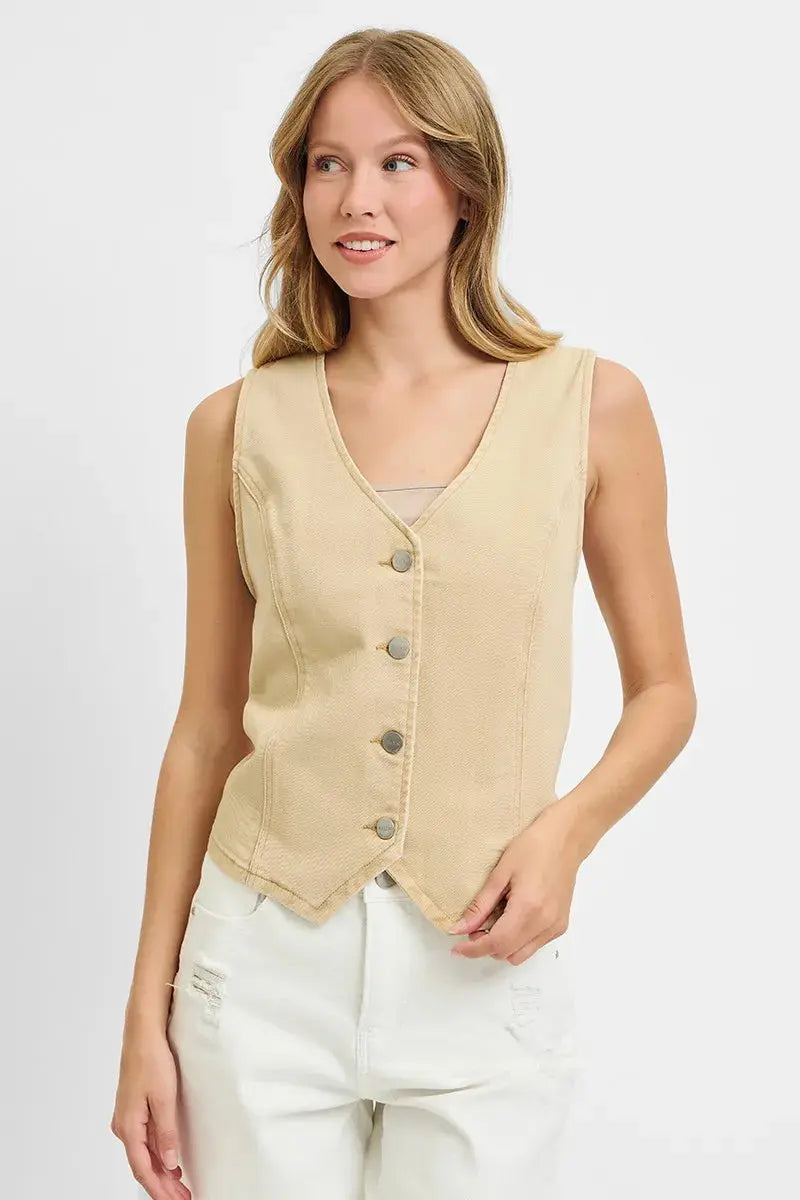 Full Size V Neck Button Down Vest by RISEN Jeans