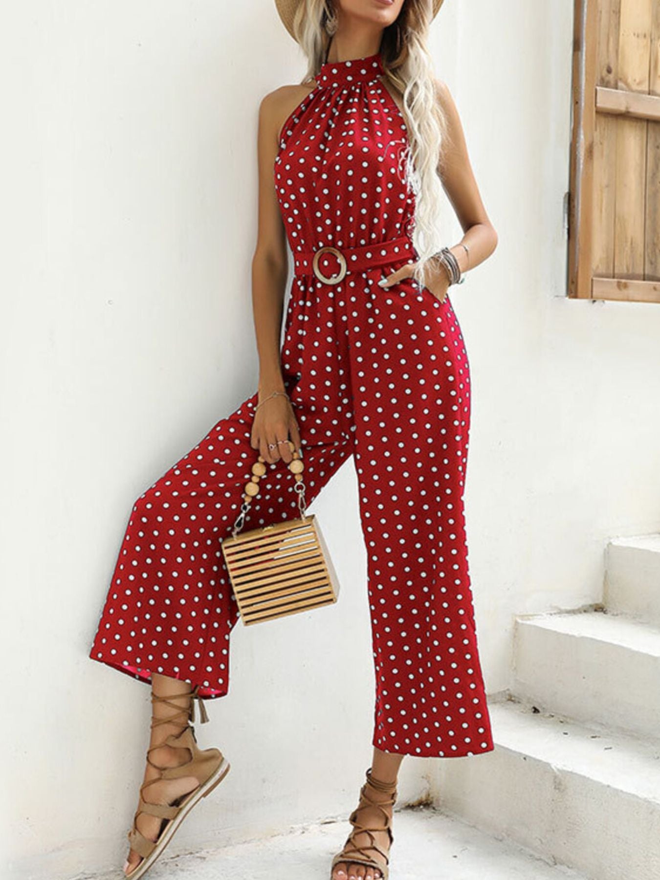 Polka Dot Halter Neck Wide Leg Jumpsuit - Be Bliss Boutique