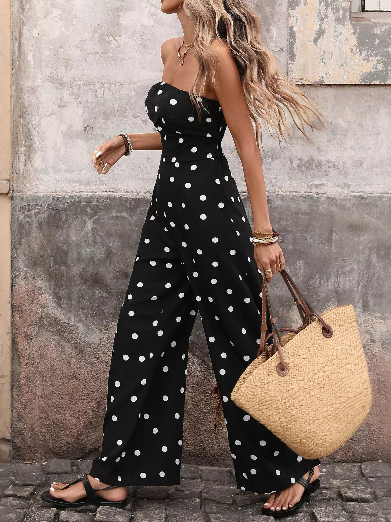 Polka Dot Strapless Wide Leg Jumpsuit - Be Bliss Boutique