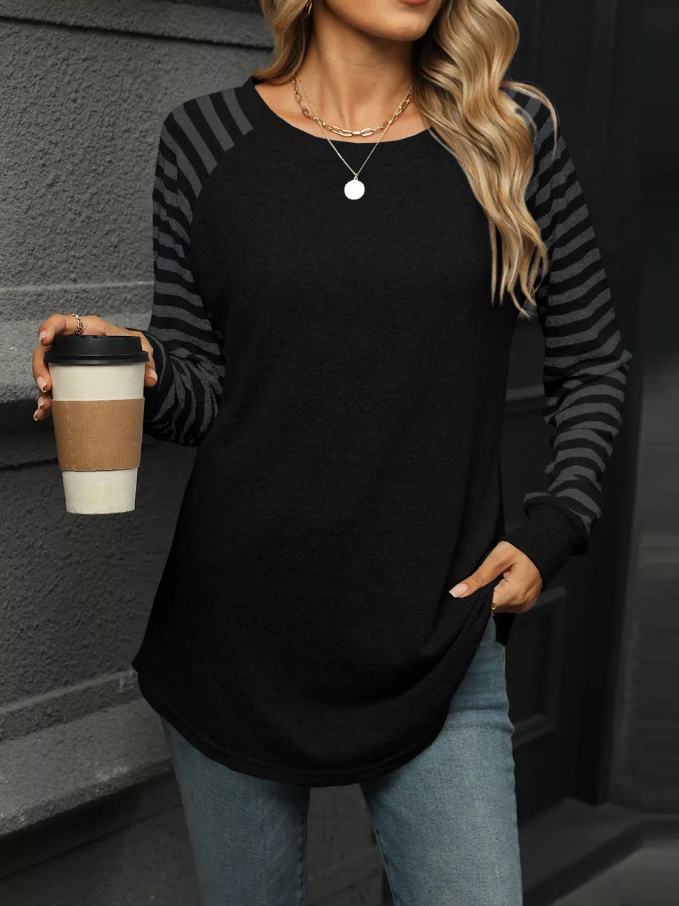 Striped Round Neck Raglan Sleeve T-Shirt - Be Bliss Boutique