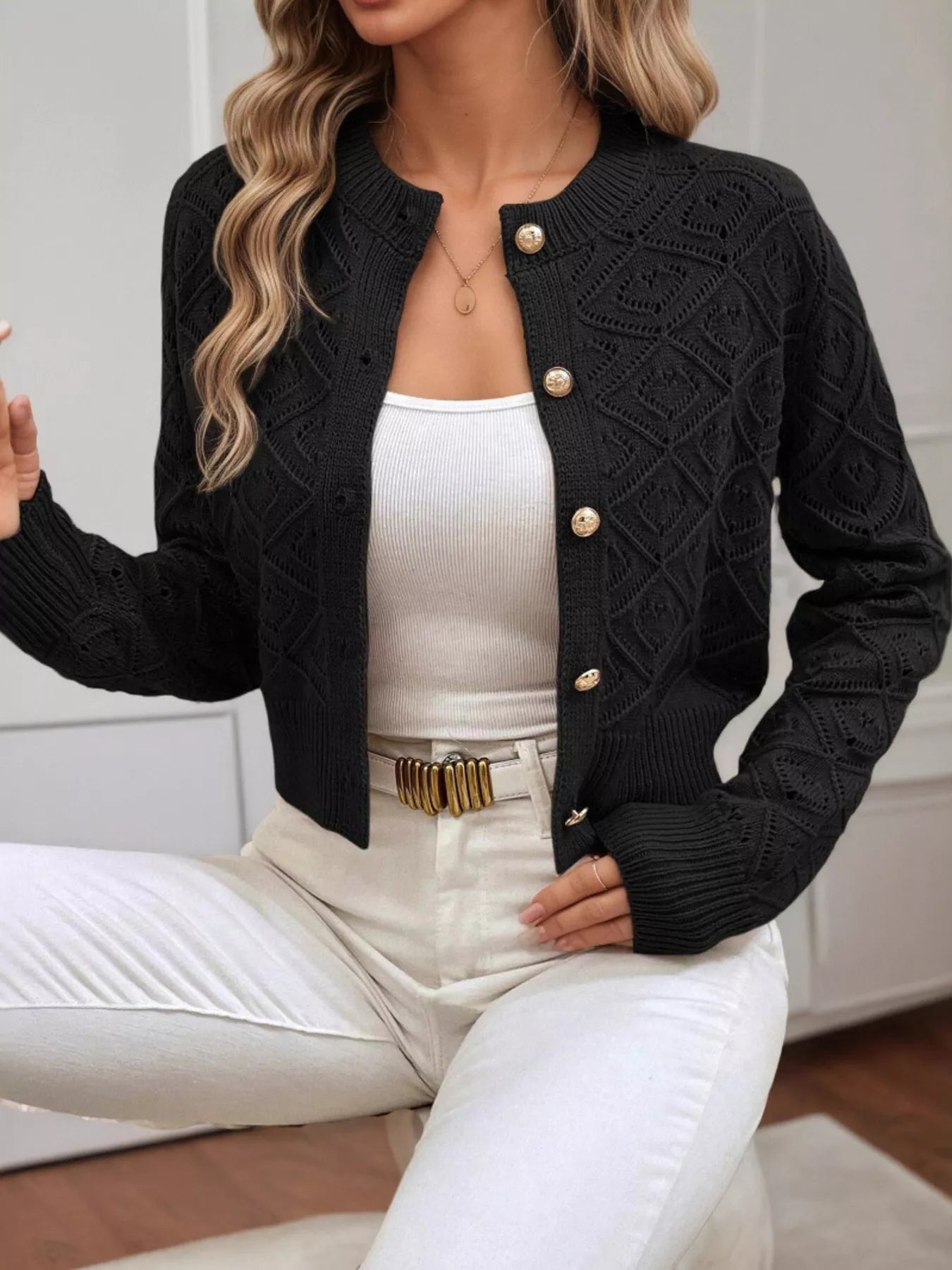 Openwork Button Up Long Sleeve Cardigan -  Be Bliss Boutique
