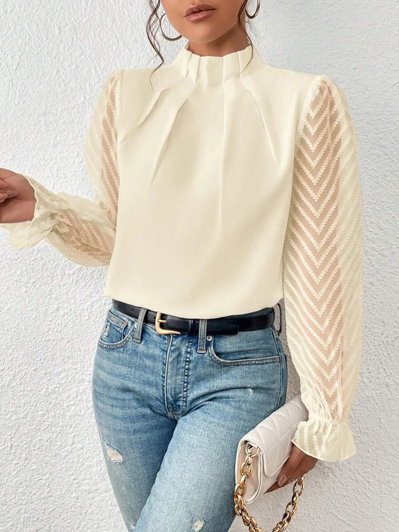 Mock Neck Flounce Sleeve Blouse -  Be Bliss Boutique