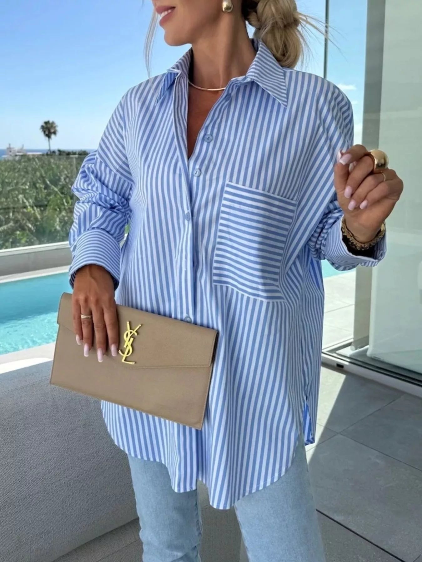 Striped Oversized Button-Down Shirt -  Be Bliss Boutique