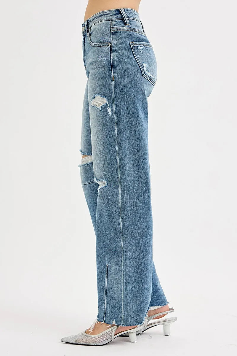 RISEN Full Size Mid Rise Fit Wide Baggy Leg Tie Washed Jeans Plus Size -  Be Bliss Boutique
