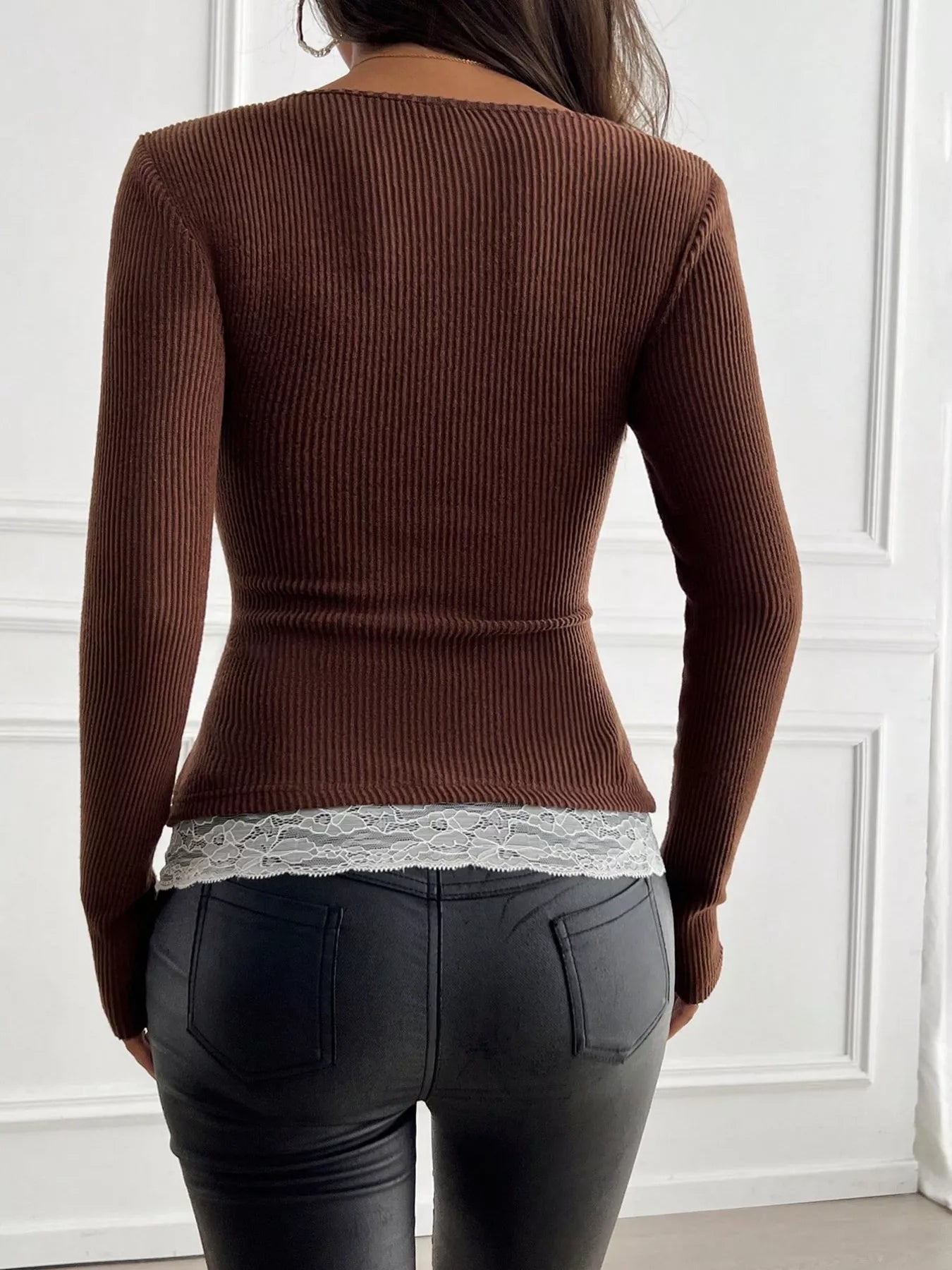 Lace Detail Long Sleeve Ribbed Top - Be Bliss Boutique