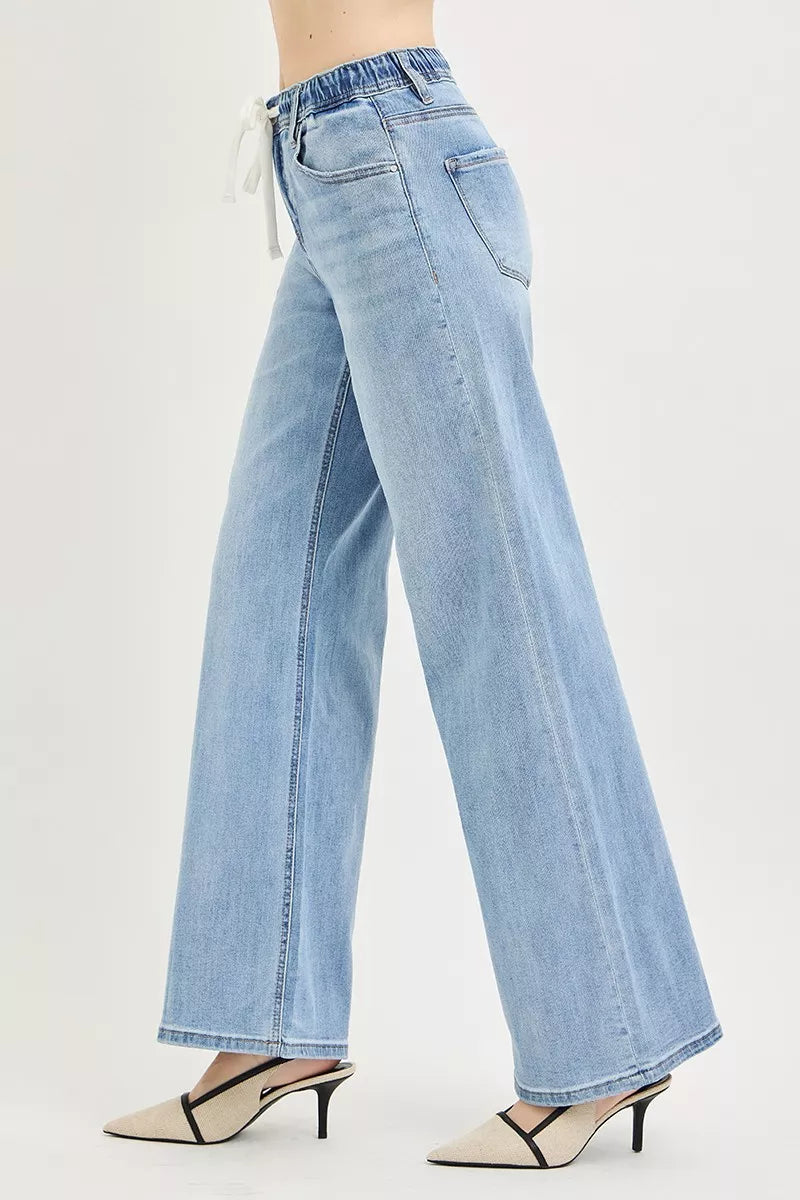 RISEN Elastic Band Slouchy Wide Leg Jeans with Drawstring - Be Bliss Boutique