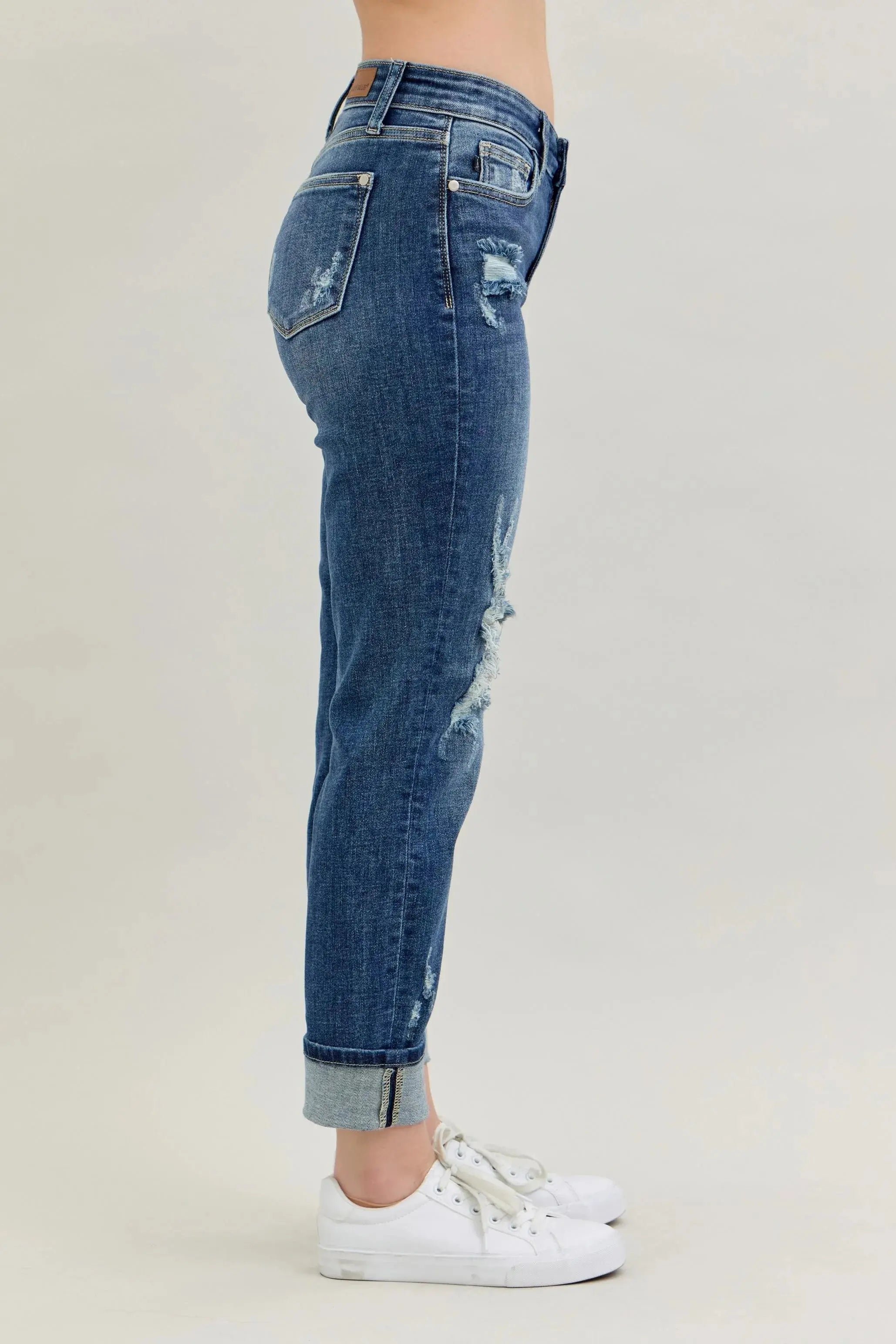 Judy Blue Full Size / Plus Size Mid Rise Cuffed Destroy Boyfriend Jeans |  Be Bliss Boutique